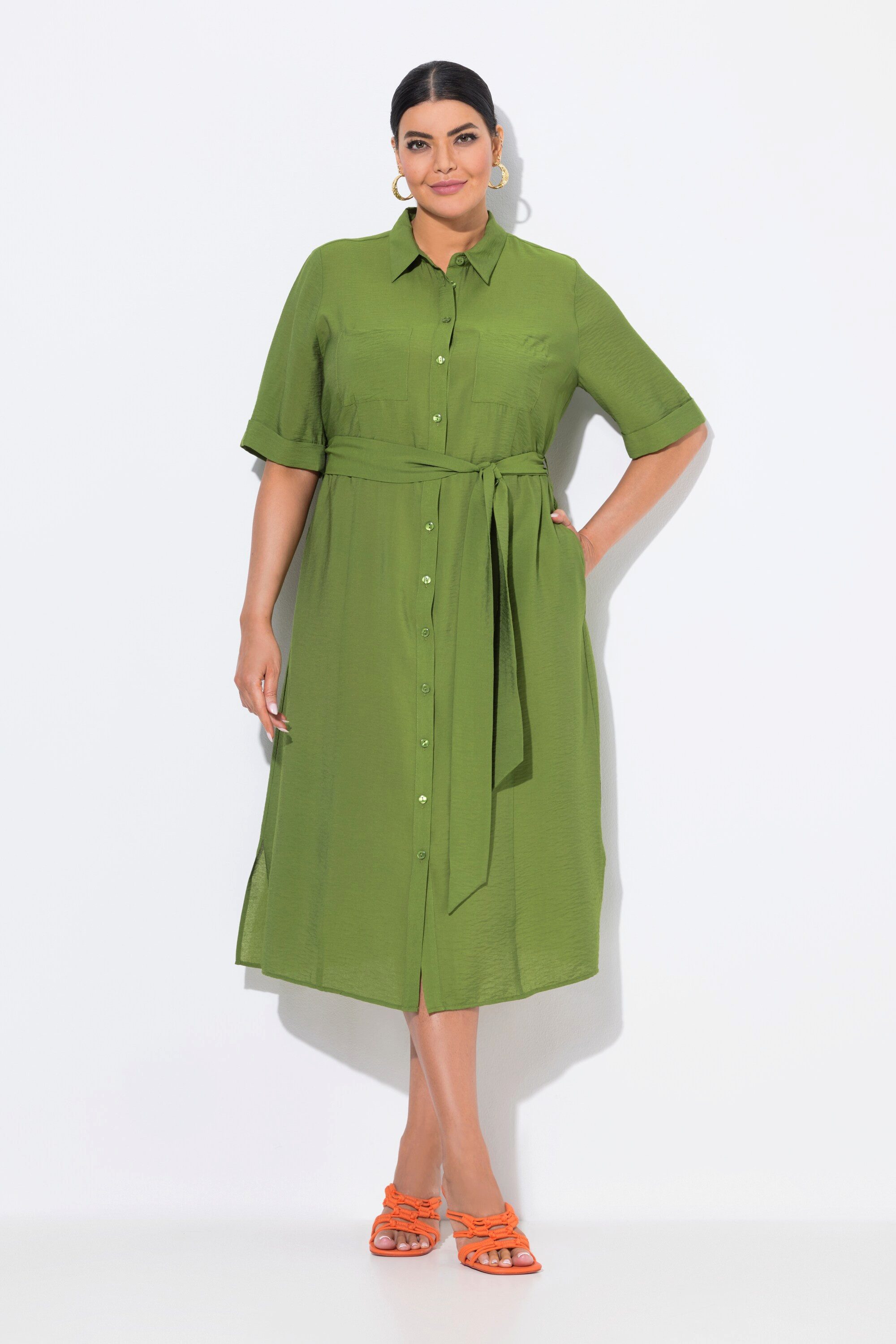 Ulla Popken Hemdblusenkleid Midikleid A-Linie Hemdkragen Halbarm günstig online kaufen