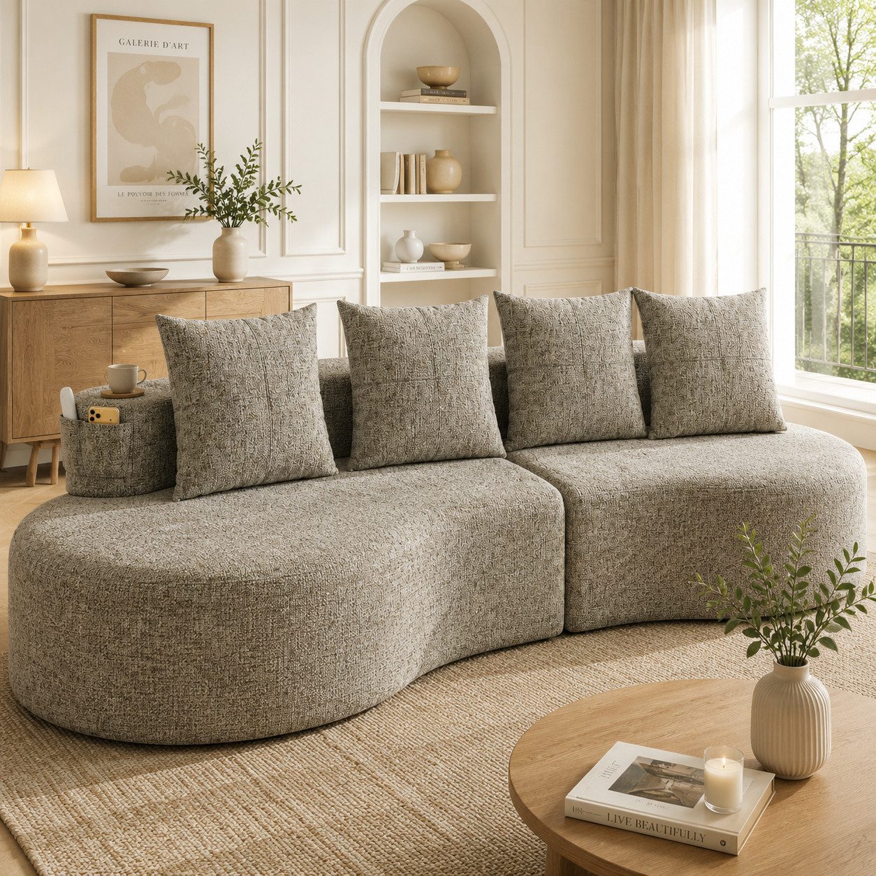 KLAM HOME Sofa Sofa 240x109x63cm Leinenstoff, 4 Kissen 4-Sitzer Wohnzimmer, Hochdichtschaum Federstücke, Integrierter Tassenhalter, Atmungsaktiv Strapazierfähig, 250kg Tragfähigkeit Einfache Montage