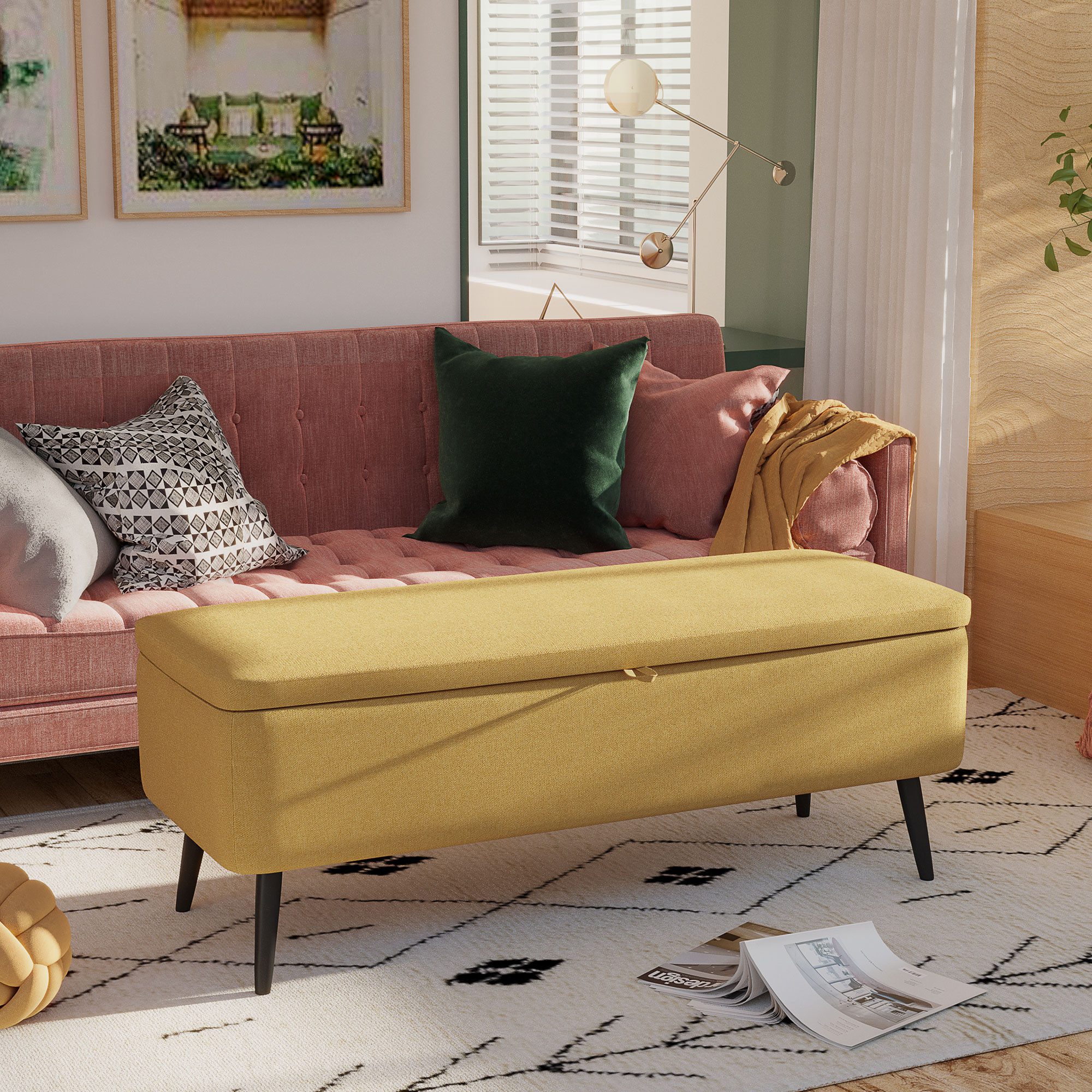 HOMCOM Sitzbank mit Stauraum, Leinenoptik, Stahlbeine (Bettbank, 1-St., Polsterbank), für Wohnzimmer, Flur, bis 150 kg belastbar, 101 x 38,5 x 44,5 cm, Gelb