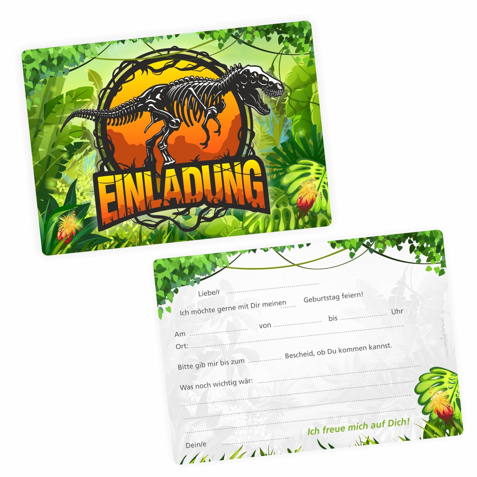 nikima Einladungskarten 10 Einladungskarten mit Glanzlack Dinosaurier für Kindergeburtstag