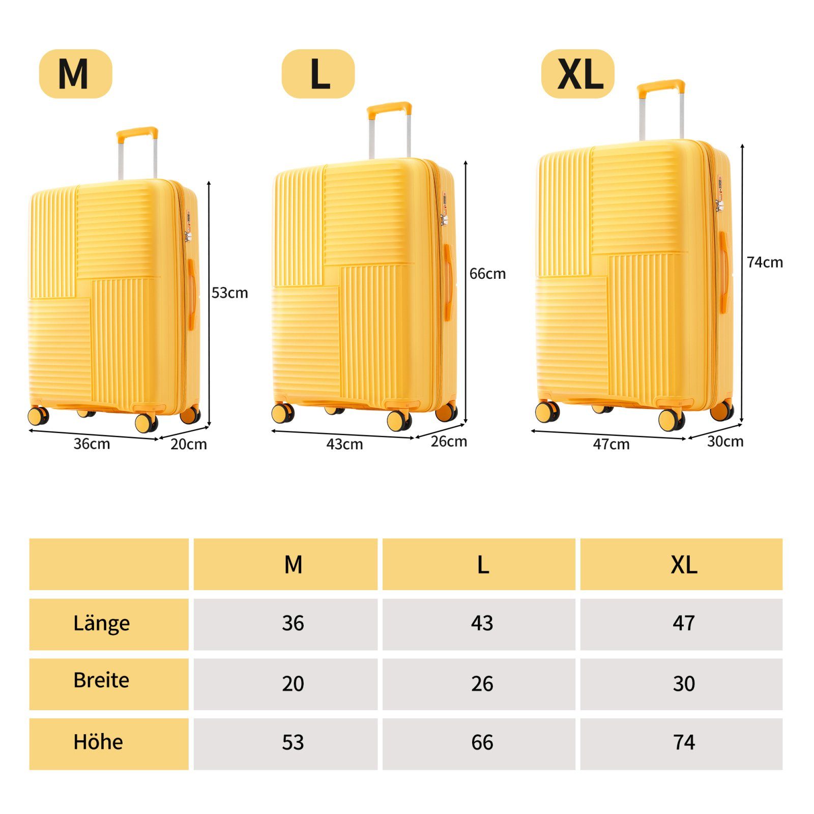 PP-Gepäck mit Innenfächern mit Kofferset SEEZSSA M-L-XL-Set(3 TSA-Schloss, Trolleyset, Kofferset gelb tlg)Handgepäcktrolley