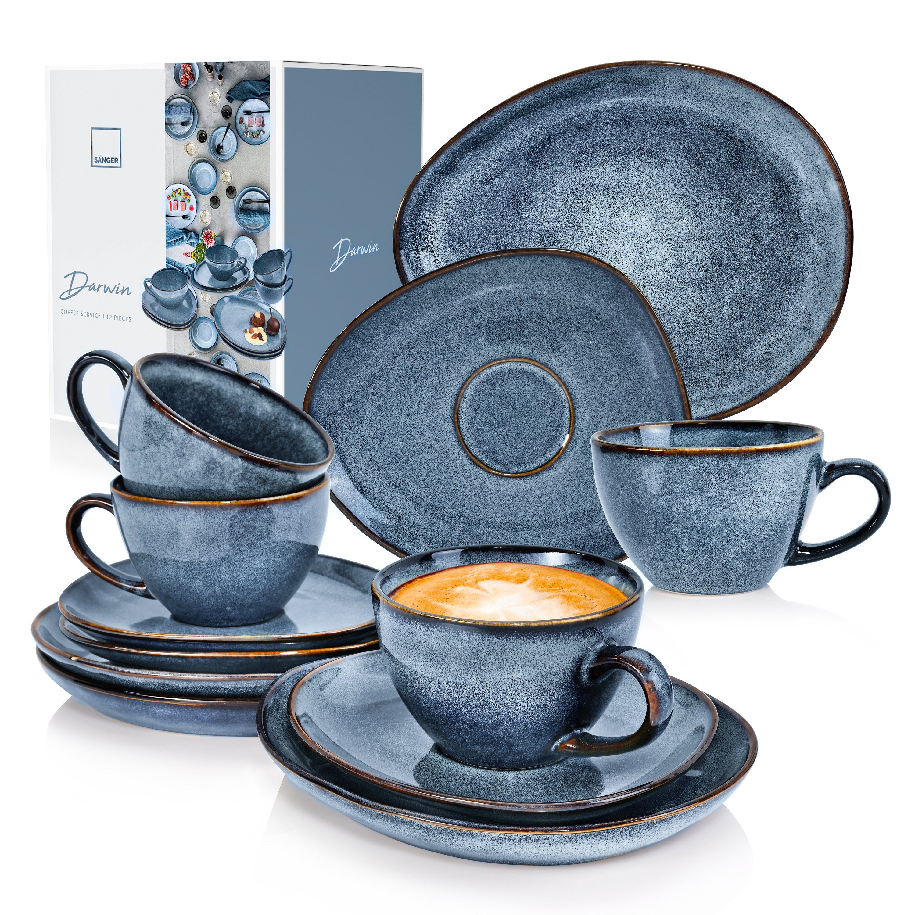 SÄNGER Kaffeeservice Darwin Kaffeetassen Set (12-tlg), 4 Personen, Steingut, Handmade, 300 ml, Blau, Premium Collection