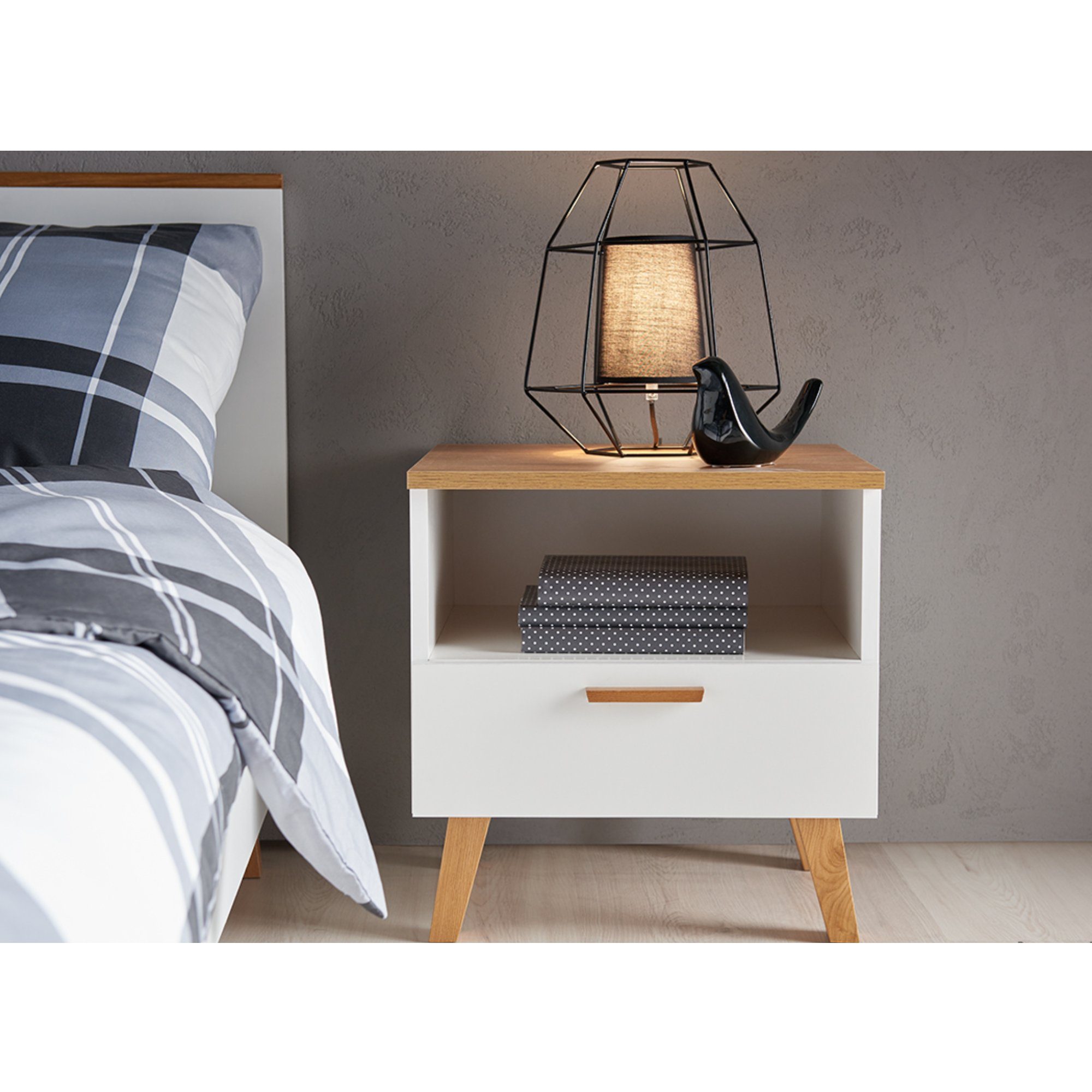 KONSIMO® Nachttisch FRISK Nachtkommode Nachtschrank Nachtkommode, Holzwerkstoff, mit Schubladen, Beine aus Buchenholz