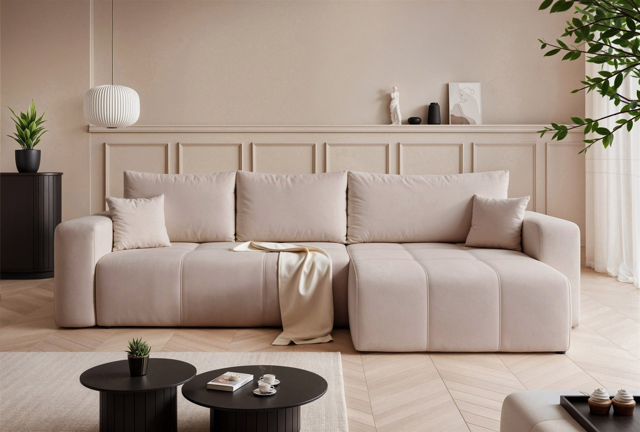 Fun Möbel Ecksofa Schlafsofa LEROS XL mit Ottomane in Veloursstoff Manila, Rücken echt bezogen, mit Bettkasten, inkl. 3 Rückenkissen und 2 Zierkissen