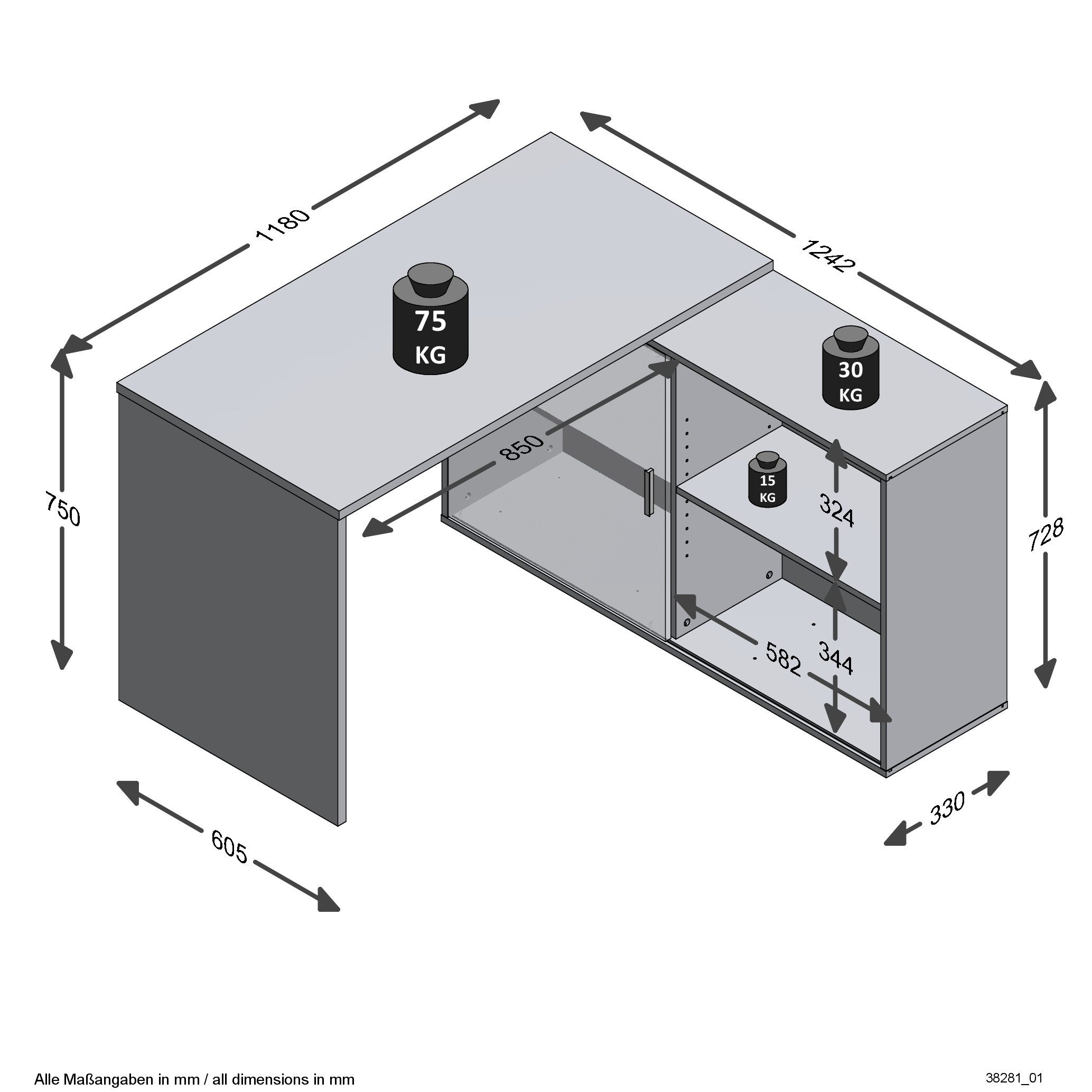 FMD Möbel Eckschreibtisch in Artisan Oak / schwarz perl mit einer Tür und 2 Einlegeböden (BxHxT: 118x75x60,5 cm)