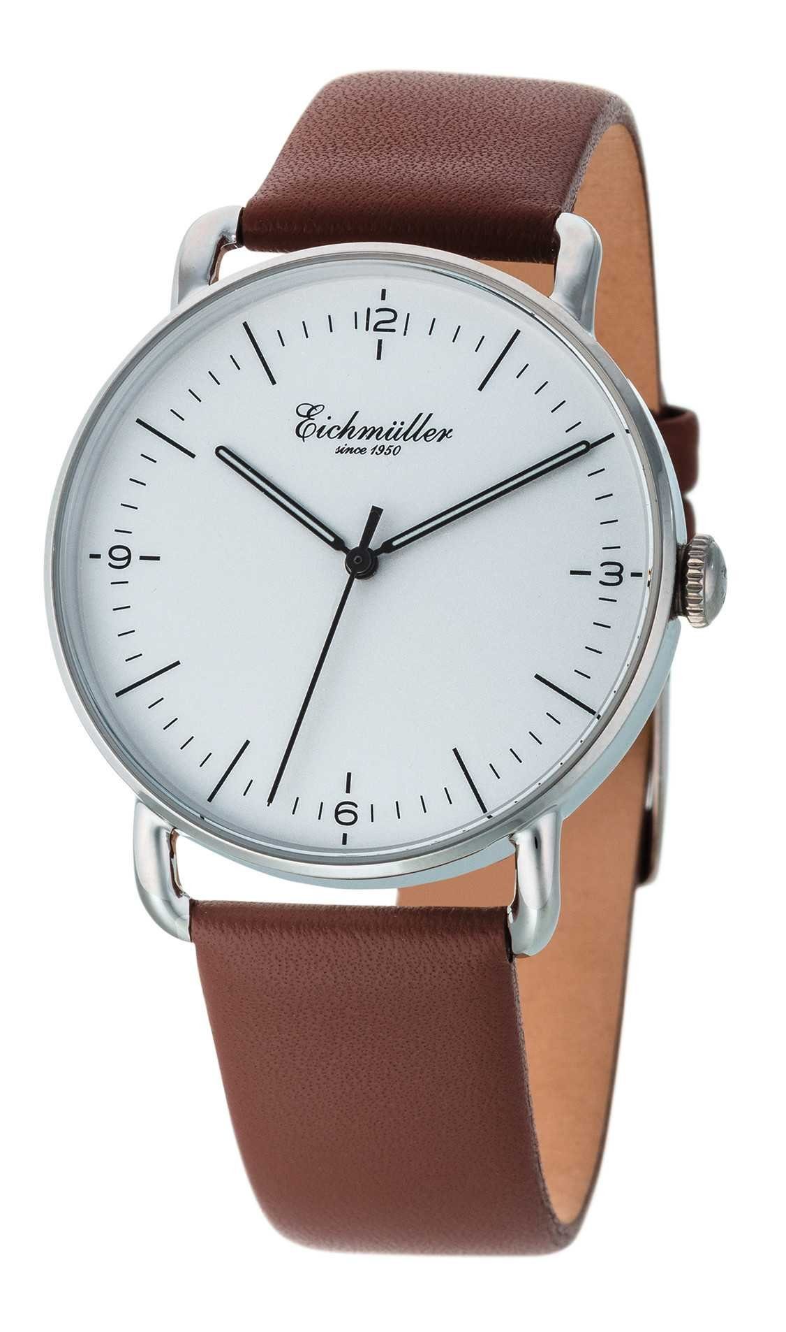 Eichmüller Quarzuhr Herrenuhr Slim Gehäuse, Weiß, Braun Lederband 40 mm 3030-04, – elegante Armbanduhr für Herren