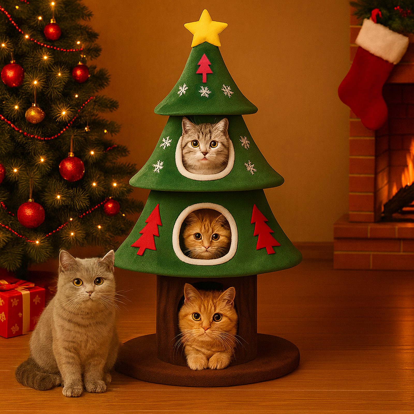 COMHOMA Kratzbaum 135 cm hoch, Weihnachtsbaum-Design, mehrstöckiger Katzenbaum, Katzenhaus mit Kratzsäulen Spielball stabiler Kletterbaum