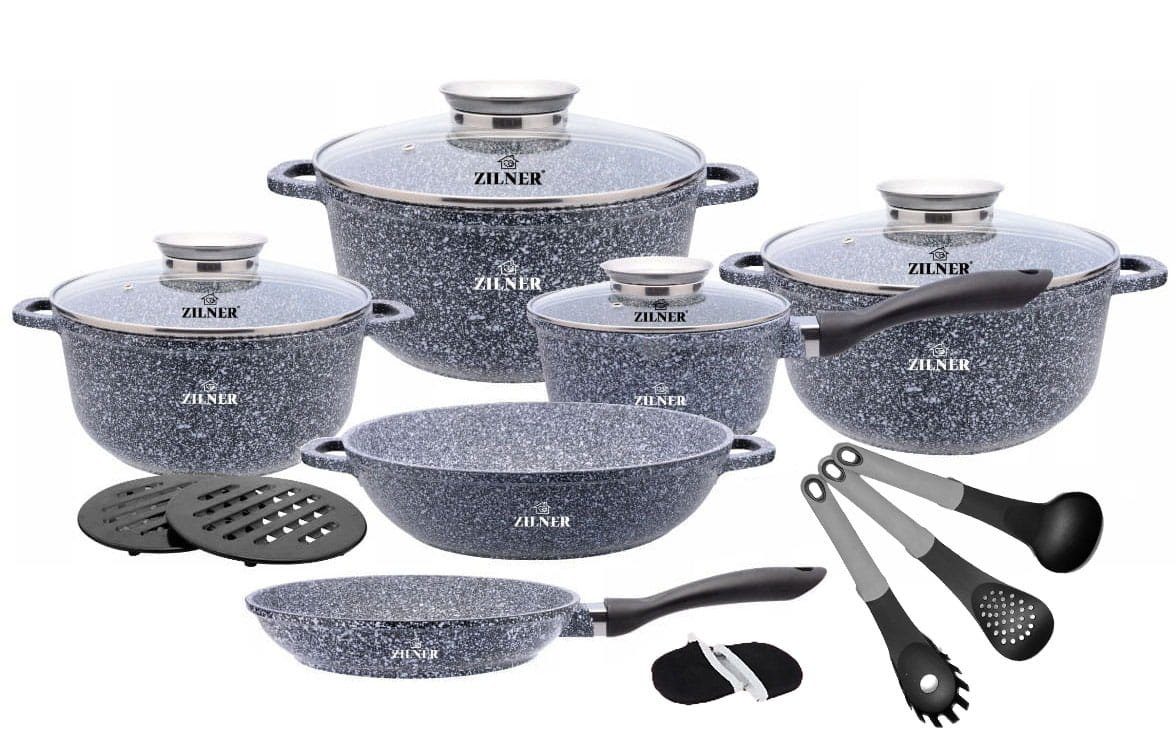Zilner Topf-Set Schöne graue Töpfe, Topfset Bratpfanne, Kasserolle, Steinbeschichtung, Aluminiumguss (sehr hochwertig, 17-tlg., Zeitloses Design des Topfsets. Eine ideale Geschenkidee)