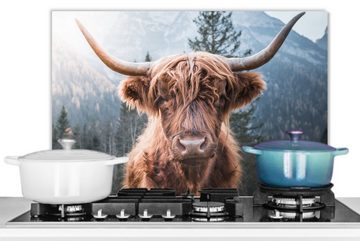 MuchoWow Küchenrückwand Schottischer Hochländer - Kuh - Tiere - Berg - Natur, (1-tlg), 60x40 cm, Herdblende aus Wandschutz, Temperaturbeständig küchen