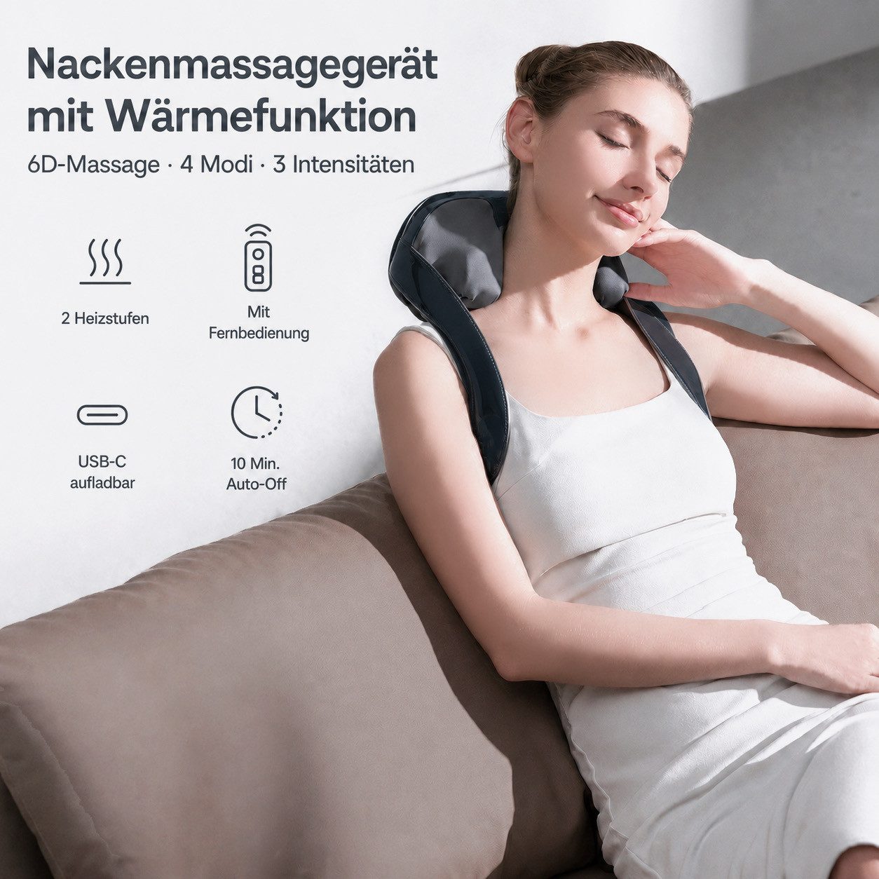 Futicare Nacken-Massagegerät mit Fernbedienung und Wärmefunktion, 6D, 4 Massageköpfe, 4 Modi, 3 Intensitäten, zur Entspannung bei Verspannungen an Nacken, Rücke – Bild 2 von 5