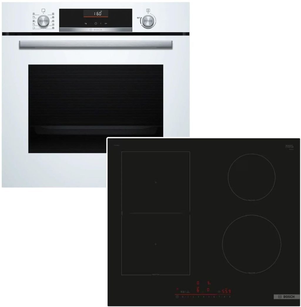 BOSCH Backofen-Set Versenkknebel 3D Heißluft Weiß + Induktionskochfeld HomeConnect, mit Nachrüstbar