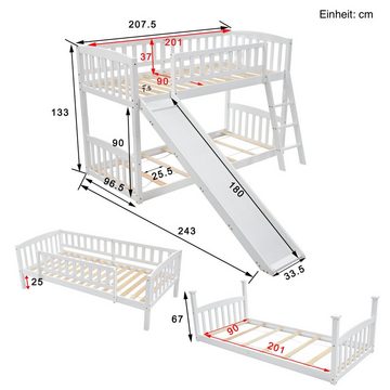 SOFTWEARY Etagenbett Hochbett mit 2 Schlafgelegenheiten, Rollrost, Leiter und Rutsche (90x200 cm), umbaufähig zu 2 Einzelbetten, Holzbett aus Kieferholz, Kinderbett