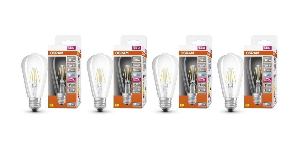 Osram LED-Leuchtmittel Superstar E27 LED Lampe Dimmbar Kaltweiss 60W 4000K Glühbirne 4ER-PACK, E27, 4 St., Kaltweiss, Farbwiedergabe von CRI>90,25000 Stunden und bis zu 100000 Schaltzyklen