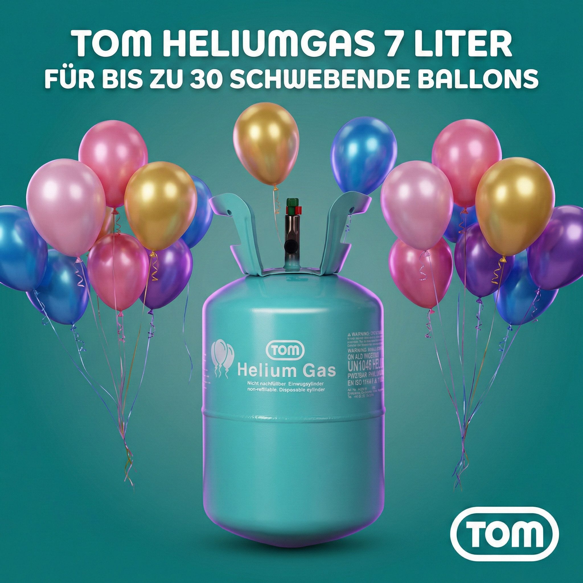 TOM Helium Ballongas Heliumgas für bis ca. 30 Ballons Luftballons, Einfalldüse, 7 Liter, Europa, Fülldruck 40 bar bei 15 °C