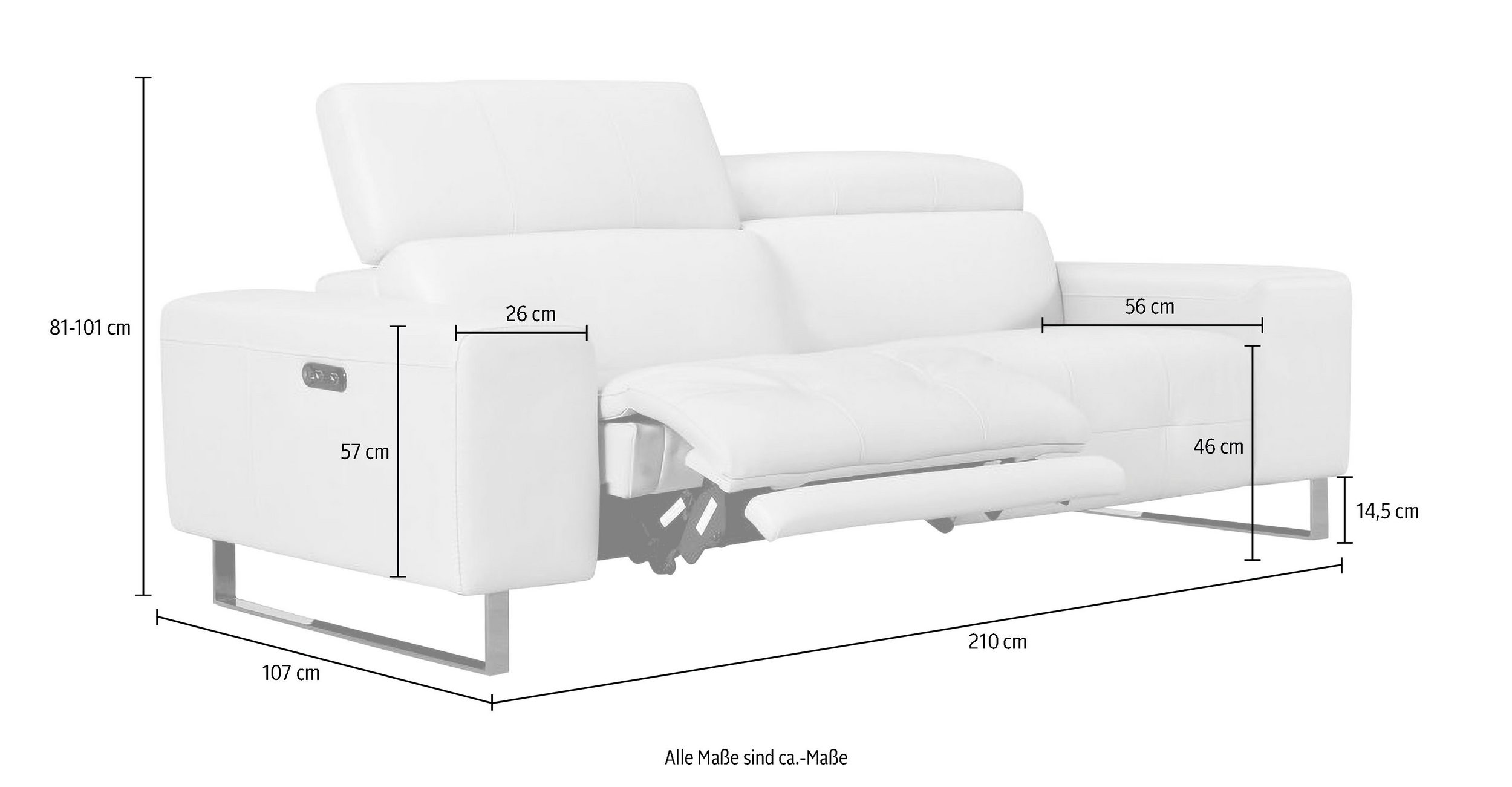 PLACES OF STYLE 2,5-Sitzer-SOFA mit beidseitiger elektrischer RELAXFUNKTION - Maße