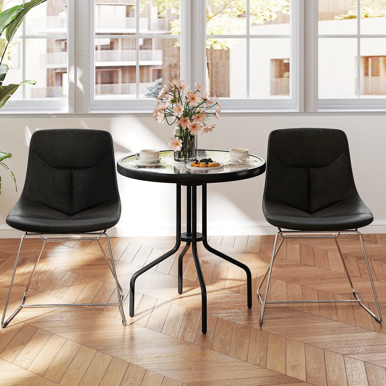 COSTWAY Gartentisch, φ70cm, mit gewellter Hartglasplatte & Schirmloch