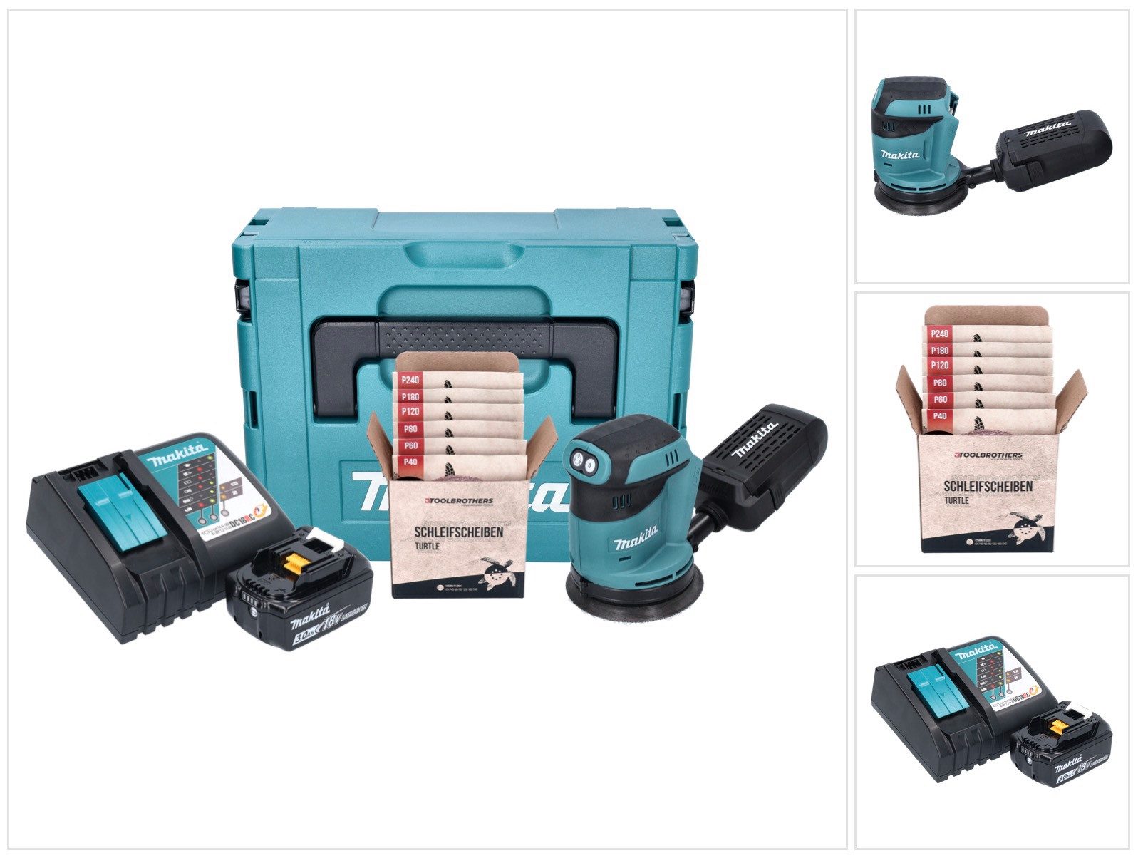 Makita Akku-Exzenterschleifer DBO 180 RF1J 18 V 125 mm + 1x Akku 3,0 Ah + Ladegerät