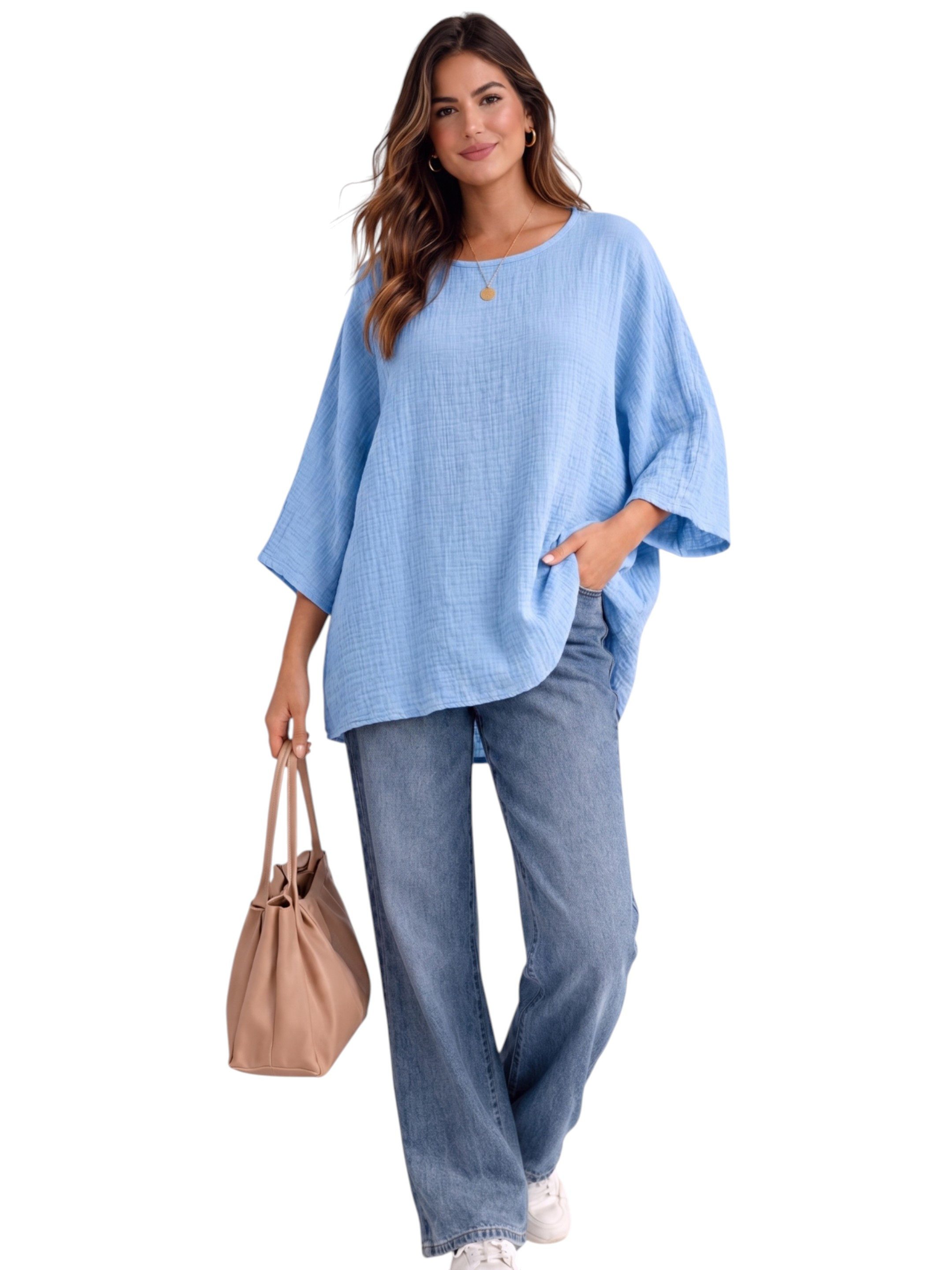 WENOR Blusentop Damen Musselin Oversize Bluse Fledermausärmel lockerer Schnitt, weiter Fall, luftige Sommer Tunika – Bild 2 von 5