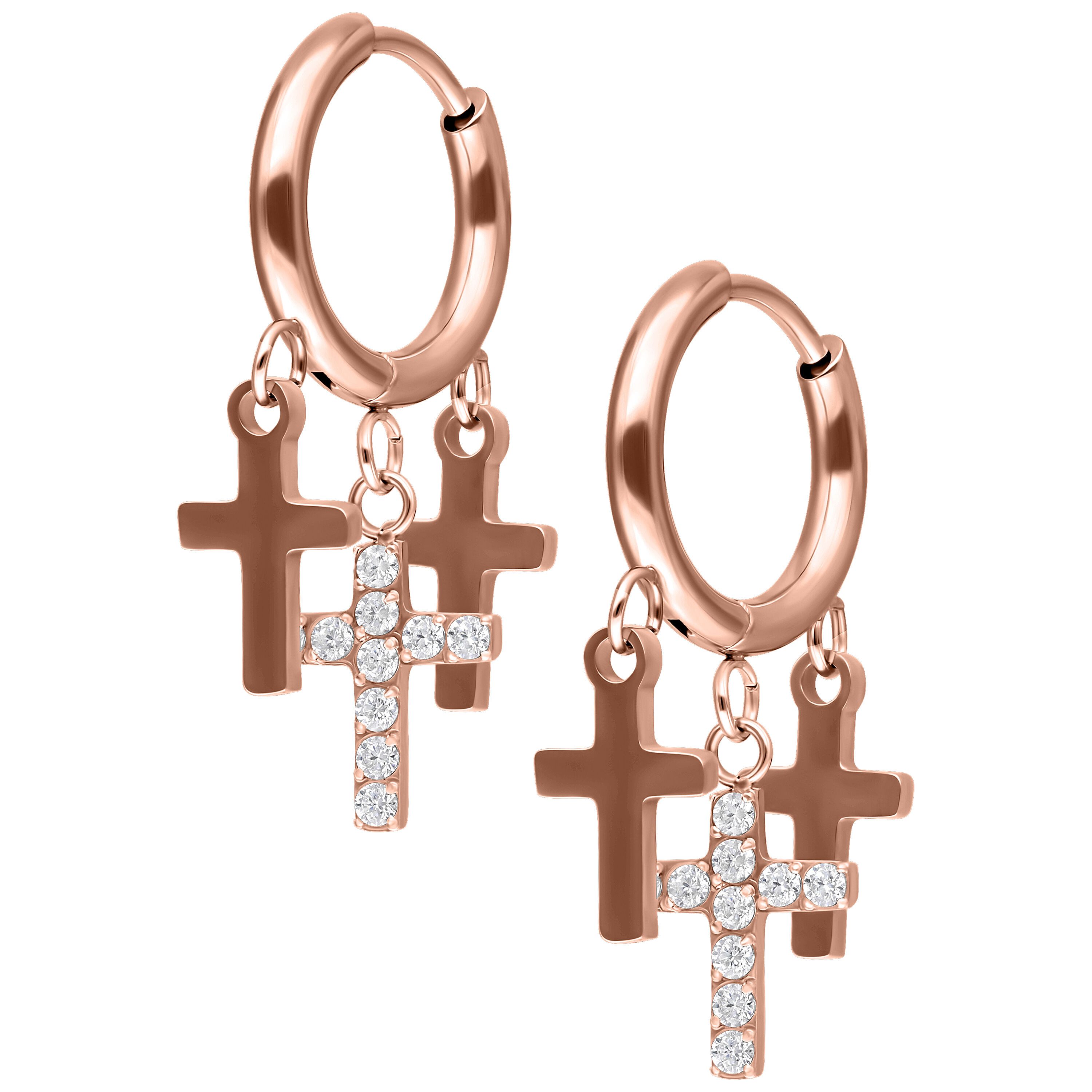 Paar Ohrhänger Little Dangling Cross Hoops - Roségold