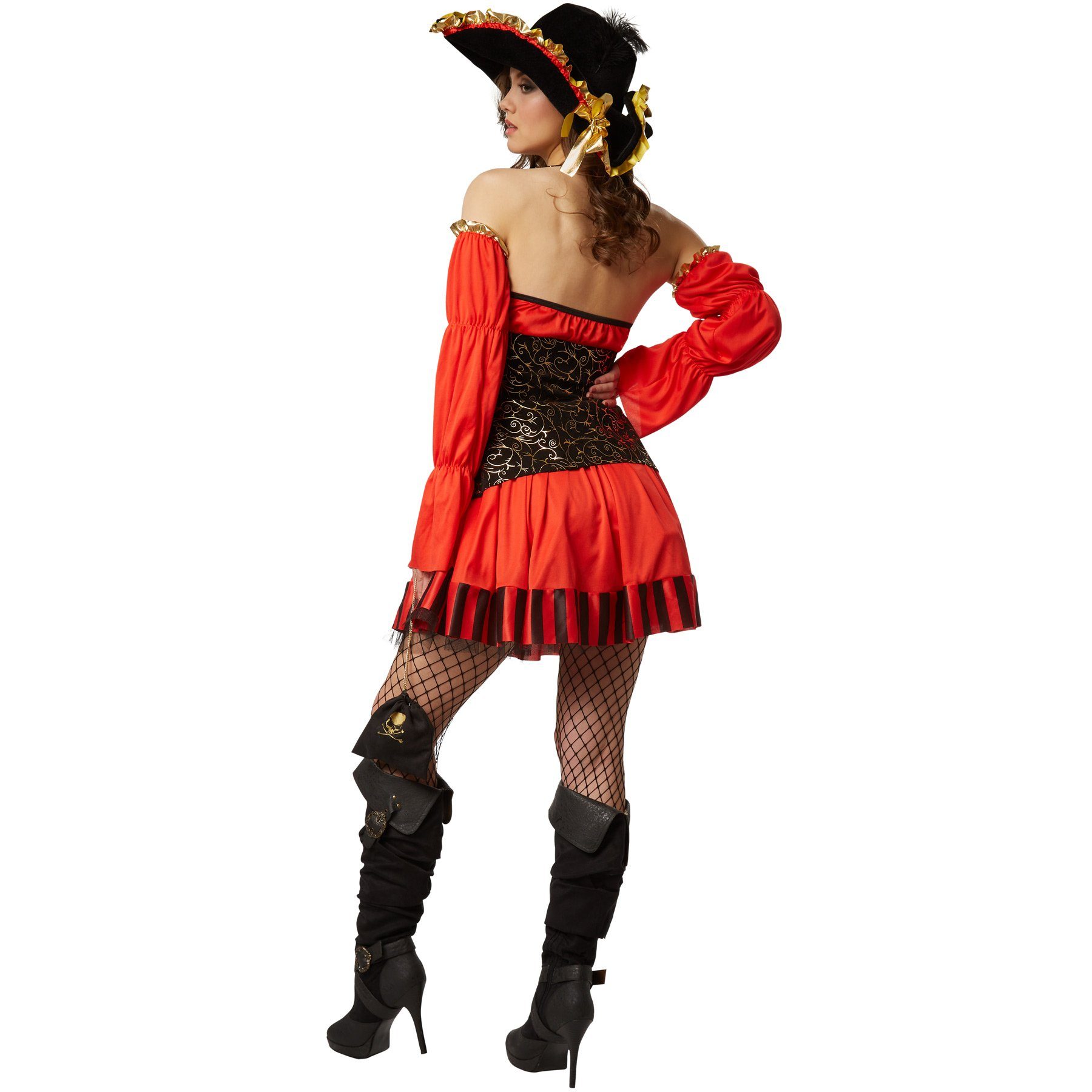 dressforfun Piraten-Kostüm Seeräuber/Freibeuter, in schwarz/rot, Gr. XXL, Lange Armstulpen, Kurz geschnittenes Kleid, Gürtel und Hut mit gelb-goldenem Band
