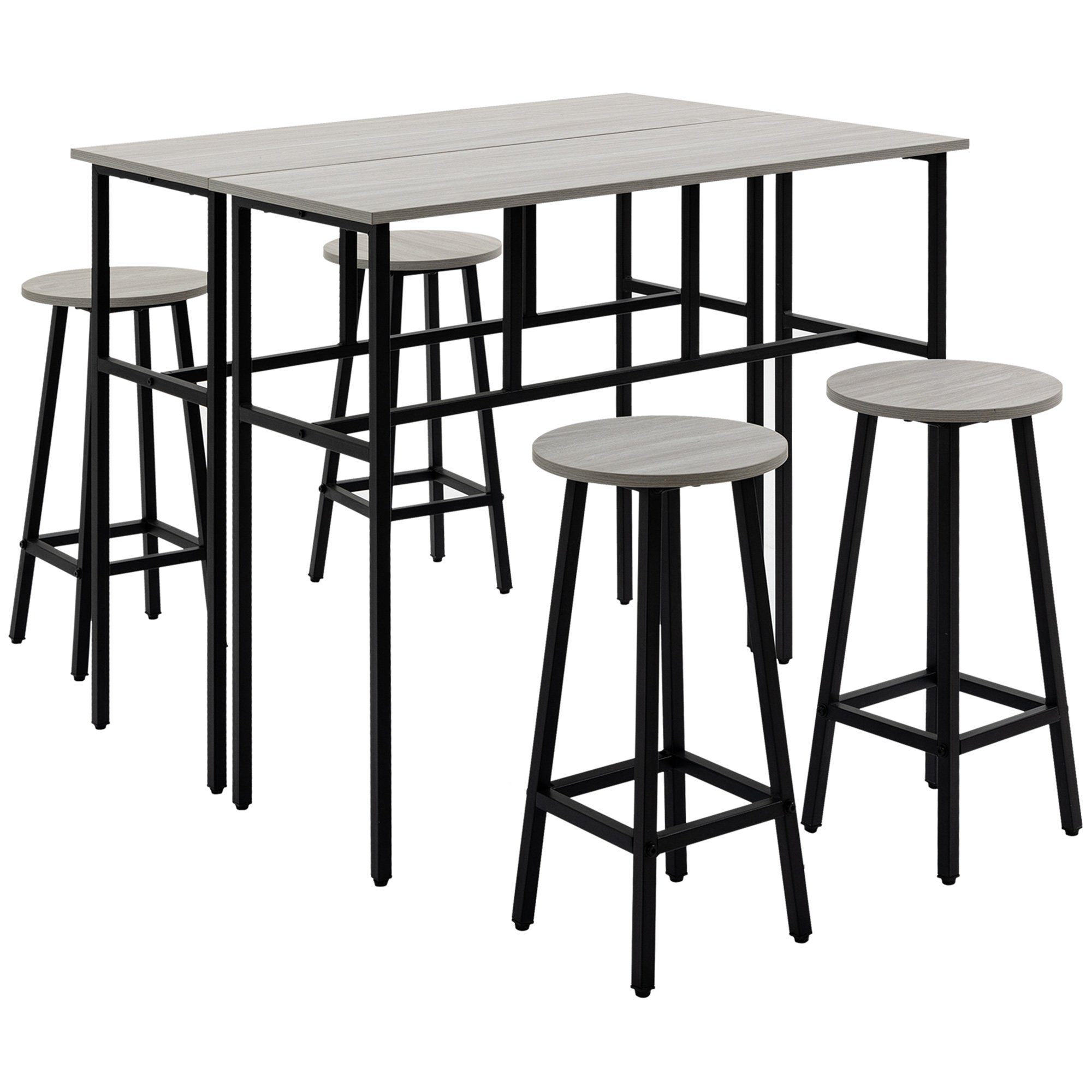 Stühlen Schwarz Bartisch 4 im Bargruppe 6-teilig Bartisch-Set 6-tlg), (Set, 2 Essgruppe Industriedesign, mit Grau, HOMCOM