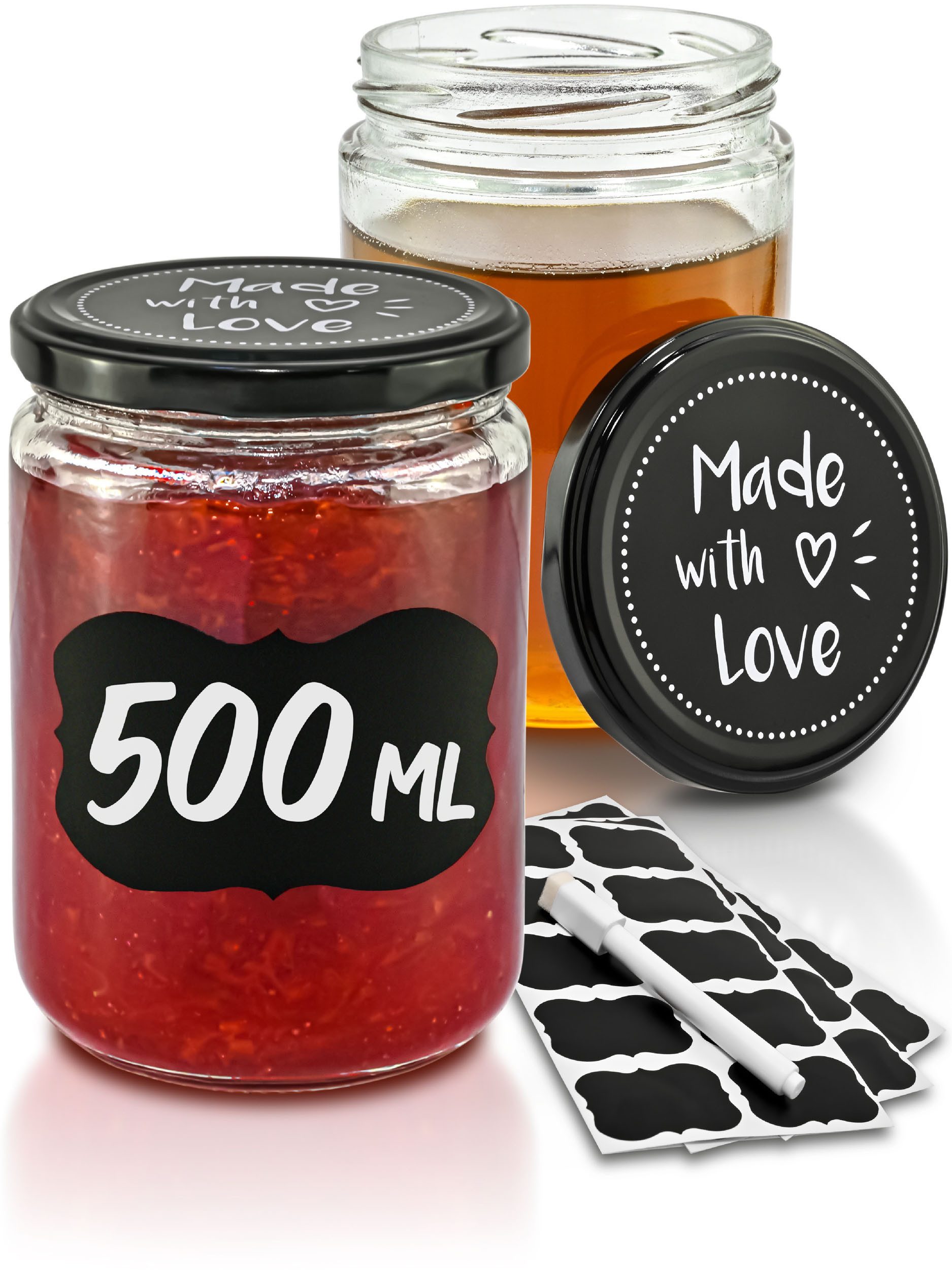Praknu Einmachglas 12er - Set Einmachgläser mit Schraubdeckel 500 ml - Marmeladengläser, Glas, (Set, 12-tlg., 12 Schraubdeckel-Einkochgläser, 12 Etiketten, Stift zum Beschriften), Mit Schraubdeckel, Etiketten & Stift - luftdicht & spülmaschinenfest