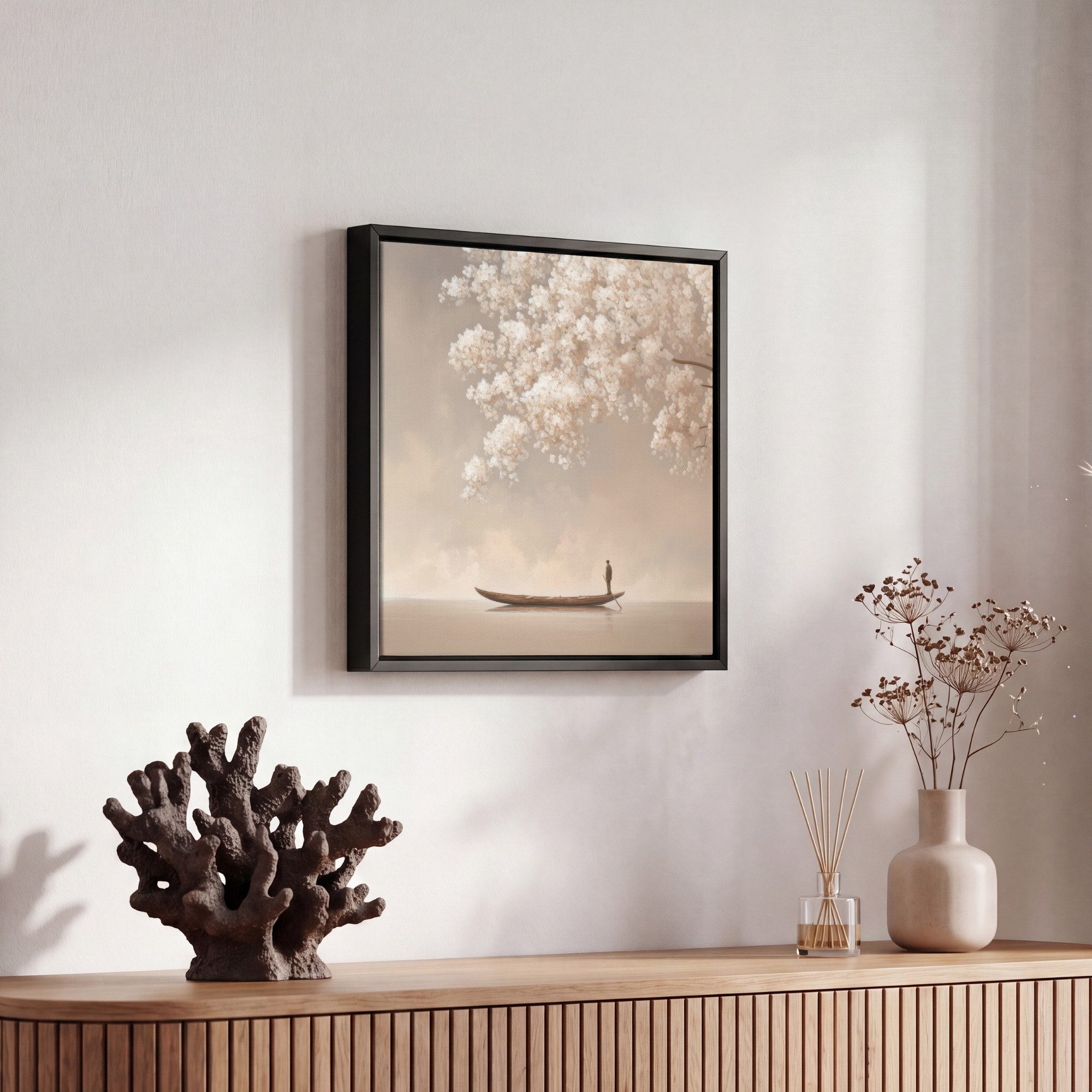 OneMillionCanvasses® Leinwandbild mit Rahmen - Blüten - Weiß - Boot - Minimalistisch, Fotodruck (1 St), Leinwand Bilder Klein, Wand Dekoration Aesthetic 20x20cm – Bild 5 von 5