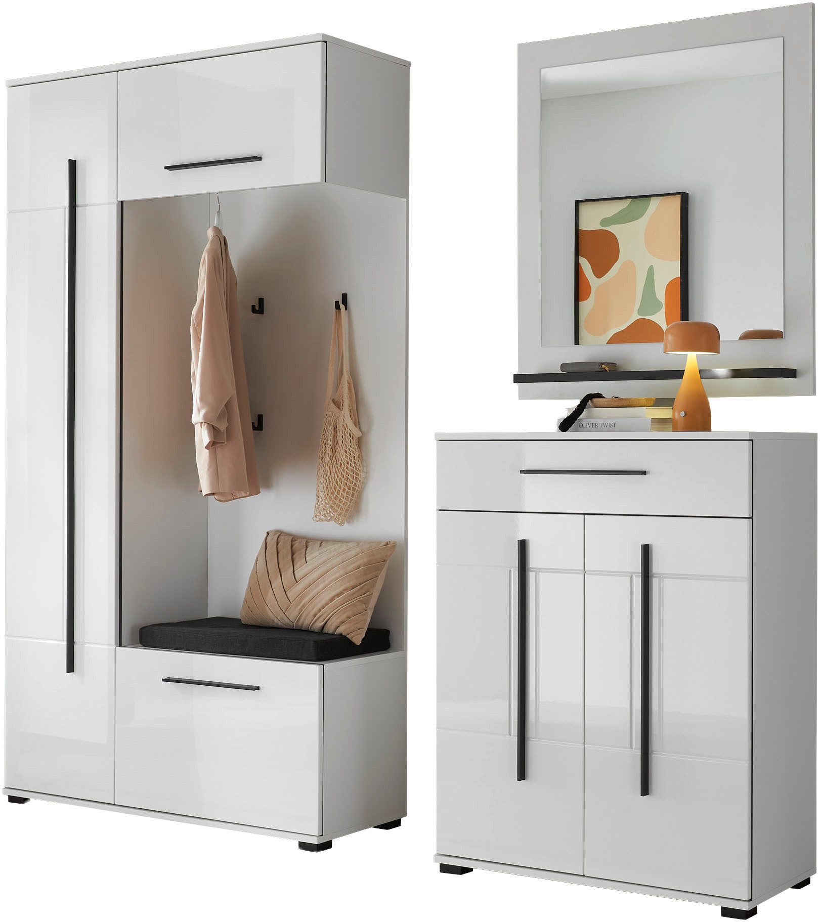 Home affaire Garderoben-Set Cantara, moderne Garderobe, Komplettset mit viel Stauraum, (Komplett-Set, 3-St), enthält Garderobenschrank, Kompaktgarderobe inkl. Sitzkissen & Spiegel