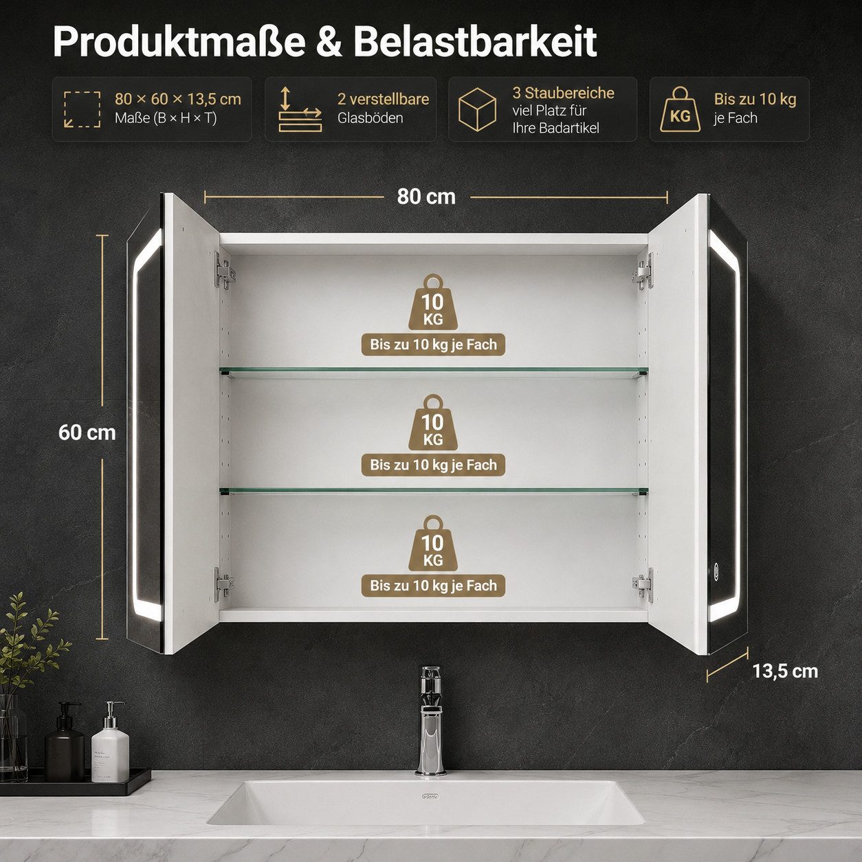 Simurq Spiegelschrank Spiegelschrank 80cm mit LED Beleuchtung & Anti-Beschlag (Spiegelschrank, Glasböden, LED-Beleuchtung, Netzteil, Montagezubehör) LED-Badezimmerspiegel mit Antibeschlagfunktion