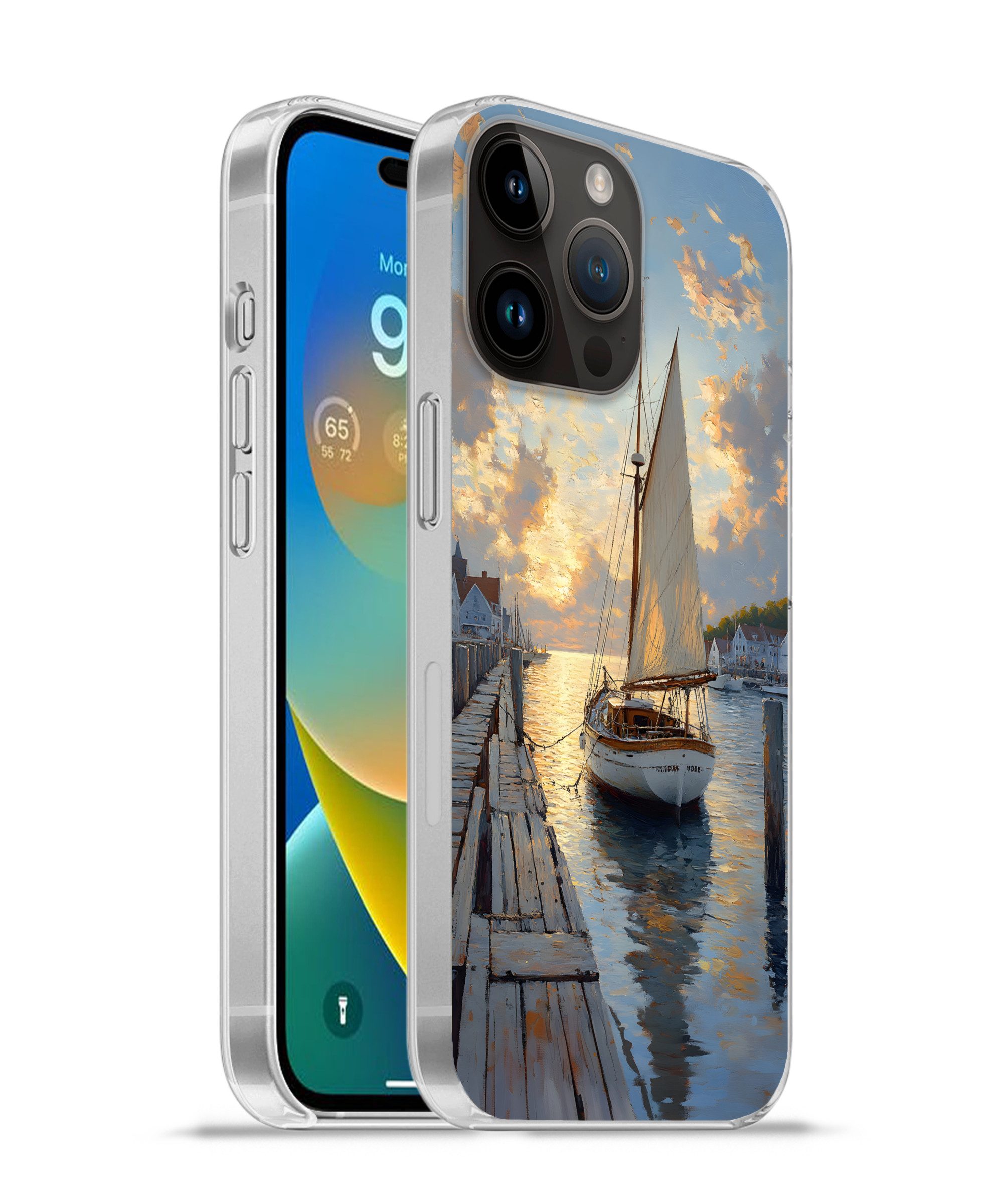 MuchoWow Handyhülle für Apple iPhone 14 Pro Segelboot - Sonne - Pier - Holz, Smartphone-Bumper, Print, Handy Schutzhülle Dünn