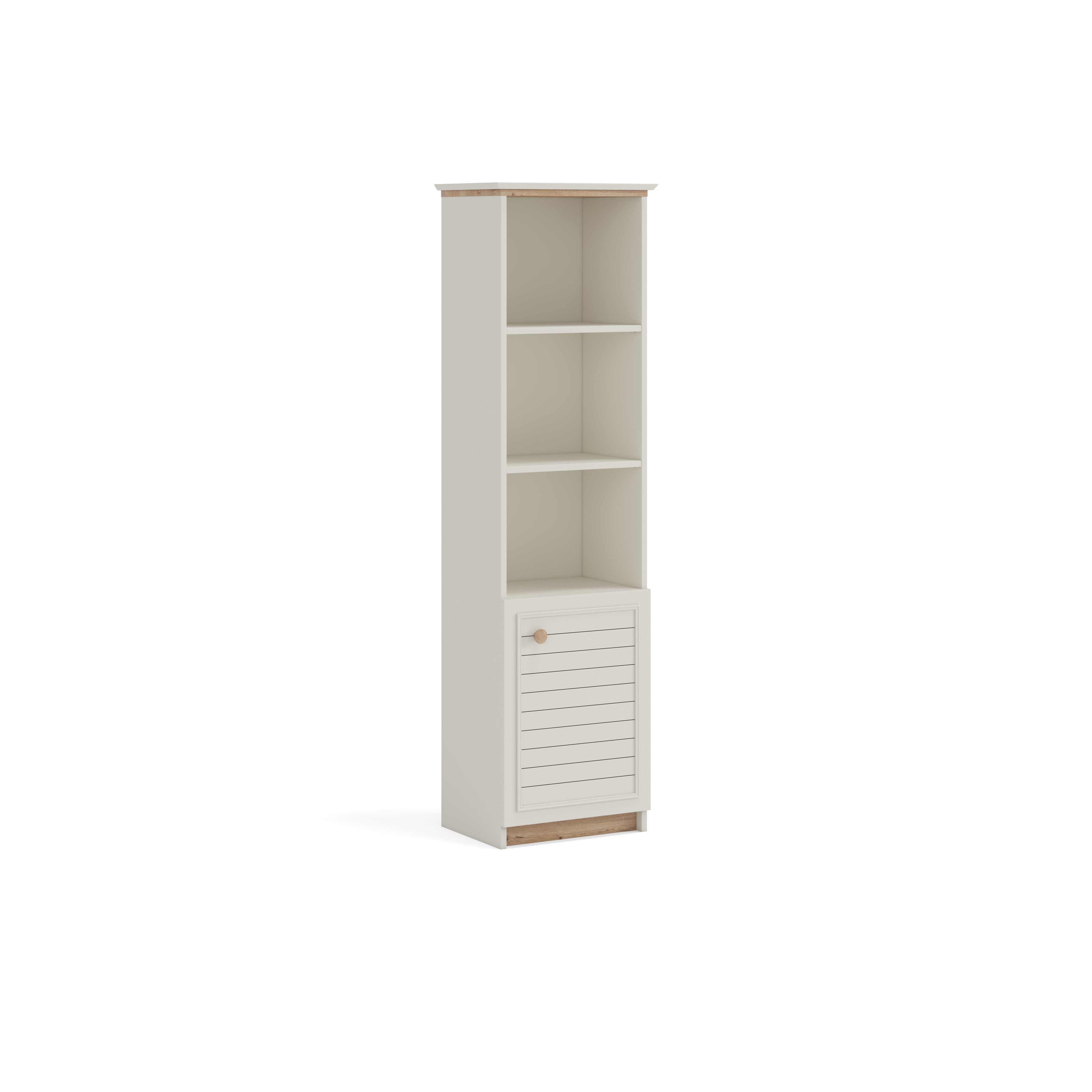 Bücherregal POLO im Landhausstil – Weiß/Natur – 3 offene Regalfächer & 1 Tür