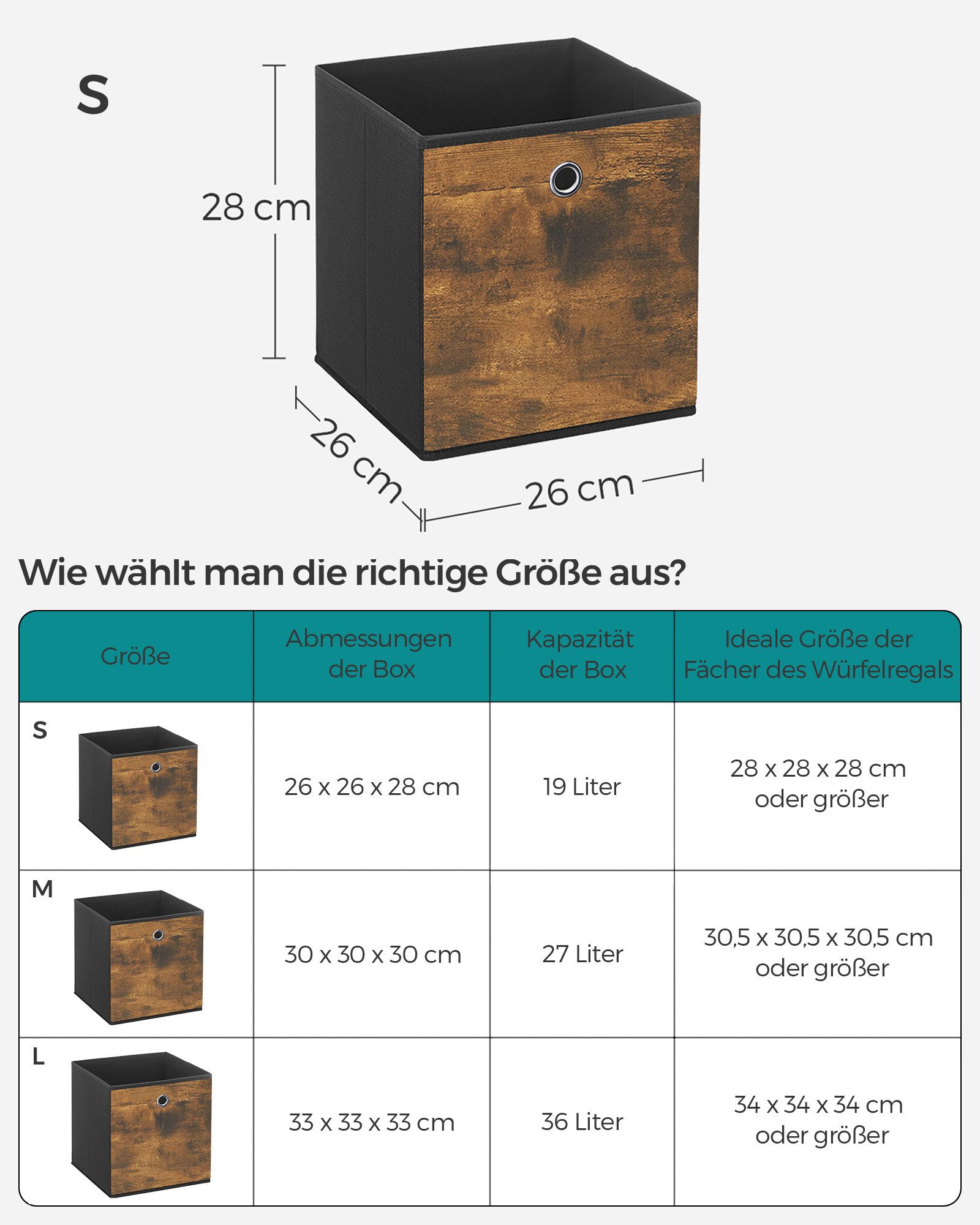SONGMICS Aufbewahrungsbox Ordnungsboxen, für Würfelregal, Organizer, vintagebraun-schwarz (6 St), Vliesstoff, Faltbox, 26 x 26 x 28 cm, Stoffbox, für Kleidung – Bild 4 von 5