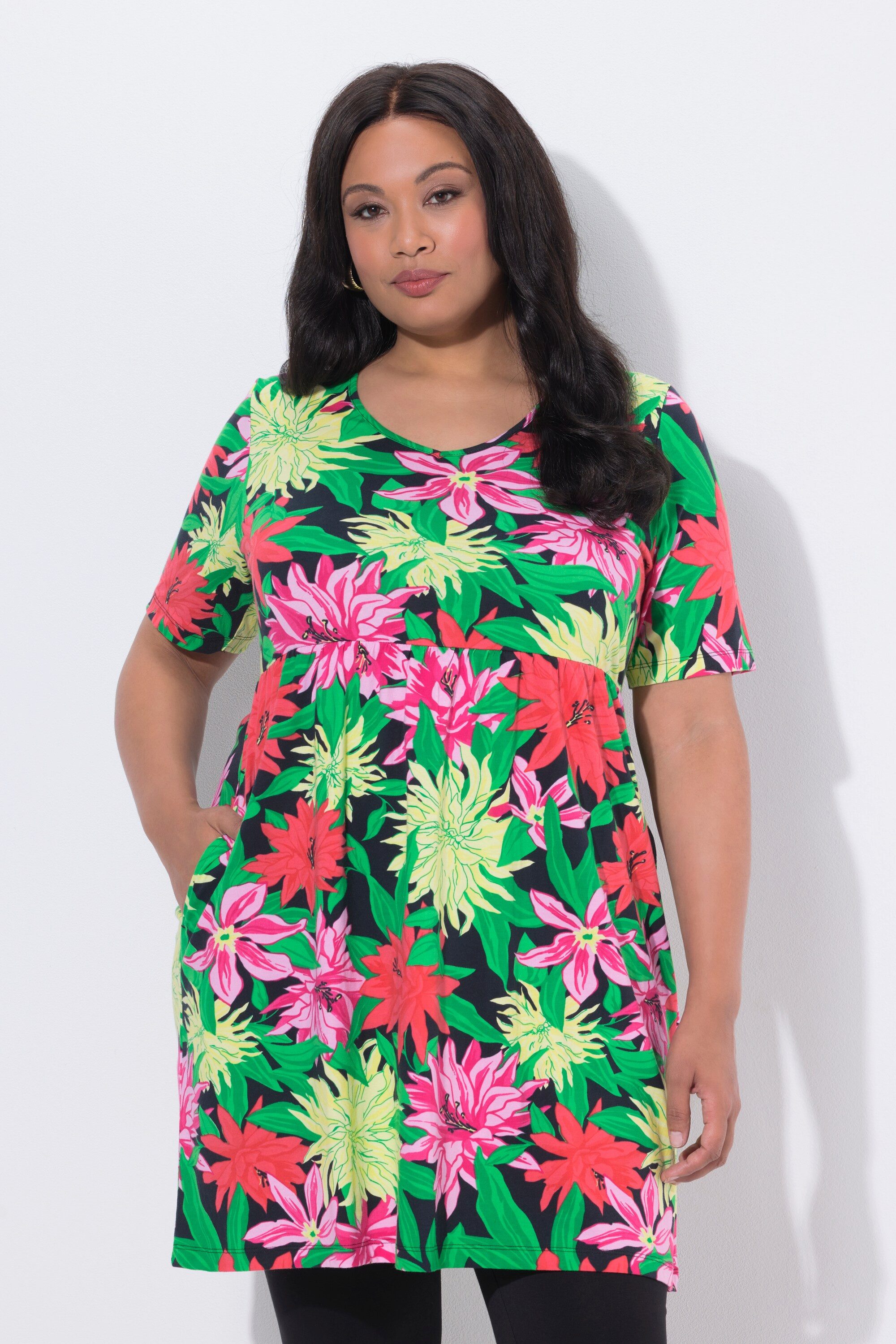 Ulla Popken Longshirt Longshirt Blüten A-Linie V-Ausschnitt Halbarm