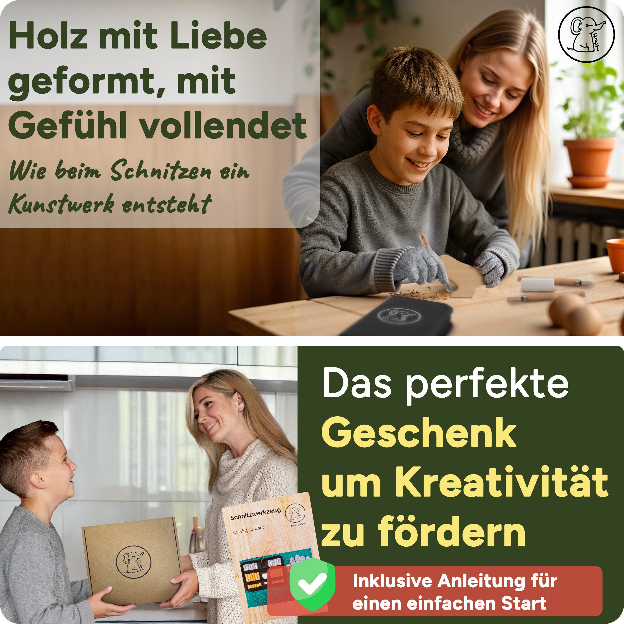 Eli Taschenmesser Schnitzmesser Kinder - Kindermesser - Schnitzset - Kindertaschenmesser, (Schnitzrohling Vogel - schnittfeste Handschuhe - Beidhändig - rostfreier Stahl, 15 St., Kinderschnitzmesser - Griffe aus Buchenholz), Schnitzwerkzeug - Outdoor Messer