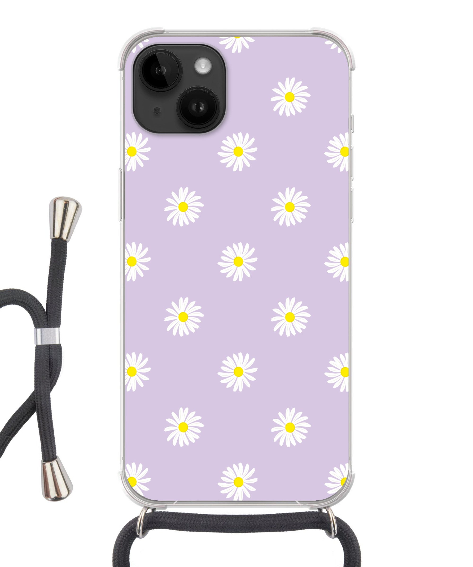MuchoWow Handyhülle für Apple iPhone 14 Gänseblümchen - Pastell - Weiß - Lila - Blumen, Tragbare Handyhüllen mit Kette zum umhängen, Handykette Handyband