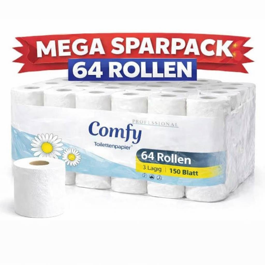 Comfy Toilettenpapier Premium 3-lagig, 150 Blatt pro Rolle, extra weich & reißfest (Spar-Set 64-St. 1 Packung)