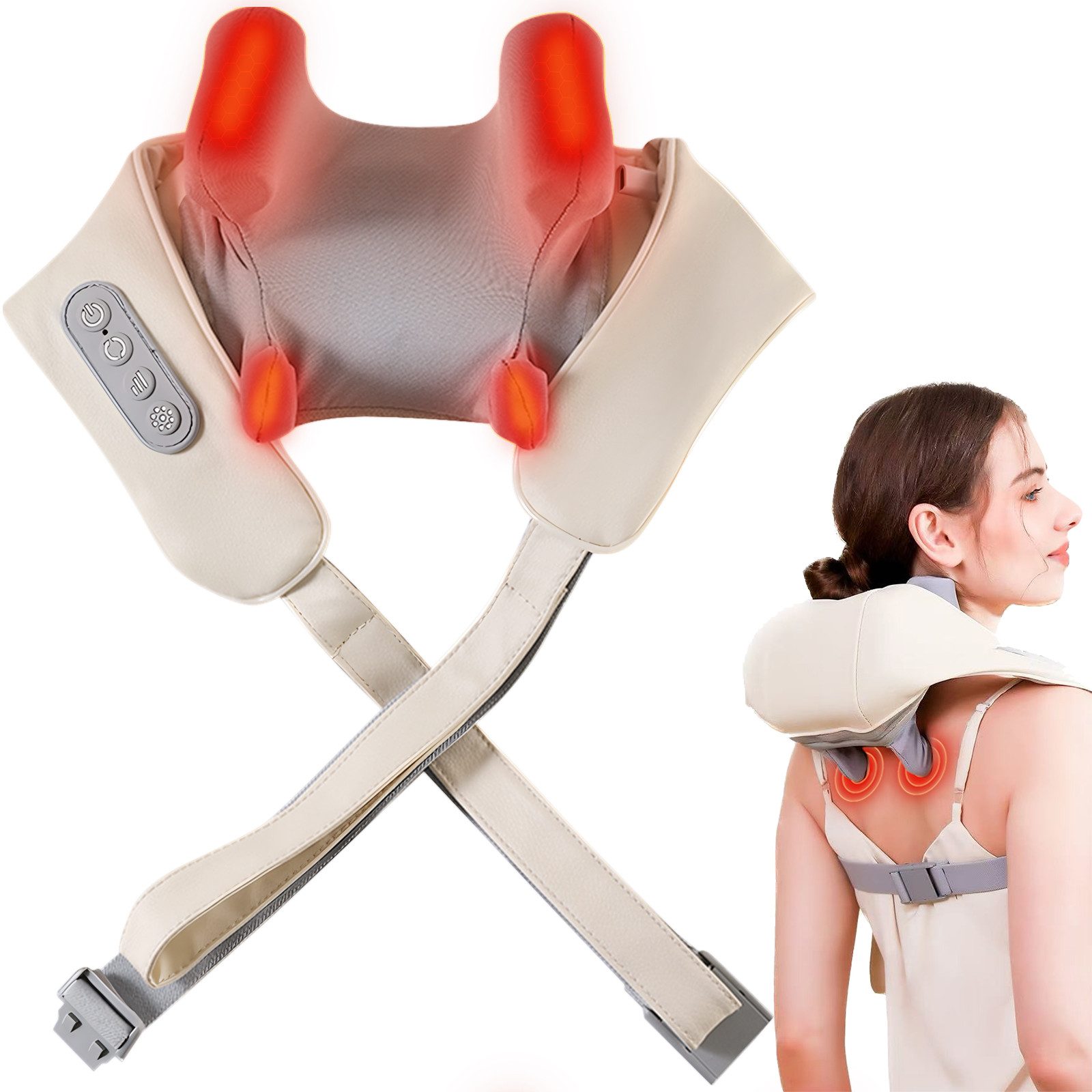 CkeyiN Nacken-Massagegerät mit Wärmefunktion, 4 Massageköpfe Nacken- und Schulter-Massagegerät, 2 Intensitätsstufen Kabelloses Shiatsu 6D Massagegerät für Nacken