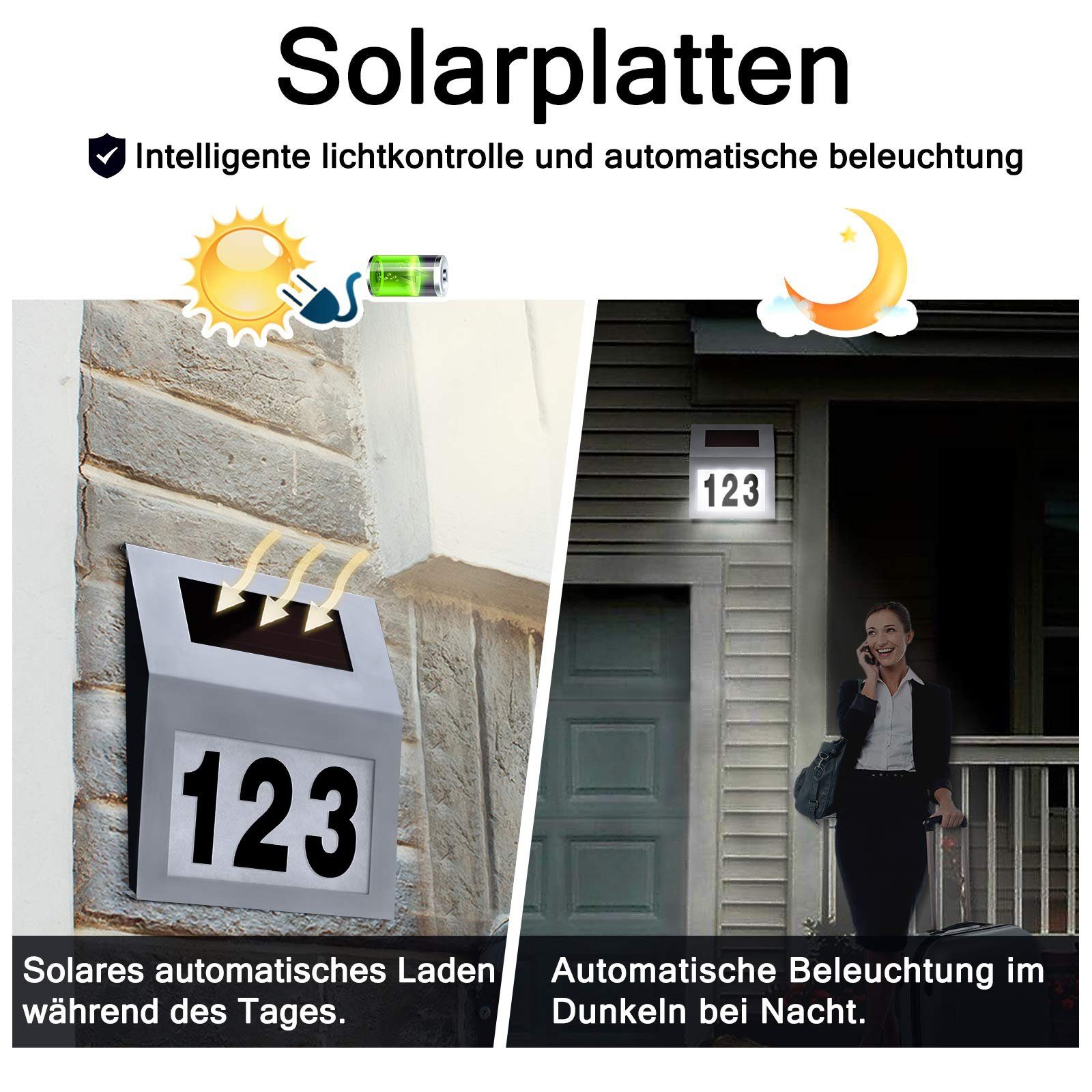 UISEBRT Hausnummer LED Solar mit Silber Hausnummer Dämmerungsschalter Edelstahl