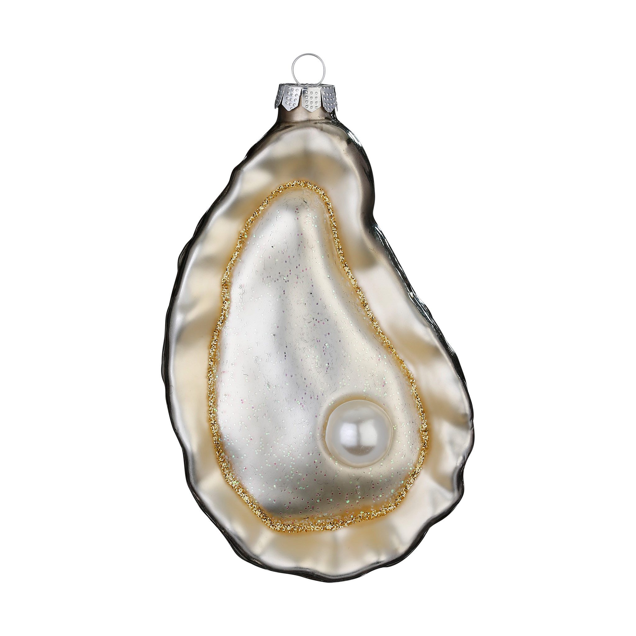 MAGIC by Inge Christbaumschmuck, Christbaumschmuck Glas 10,2cm Auster mit Perle Figur Creme / Schwarz