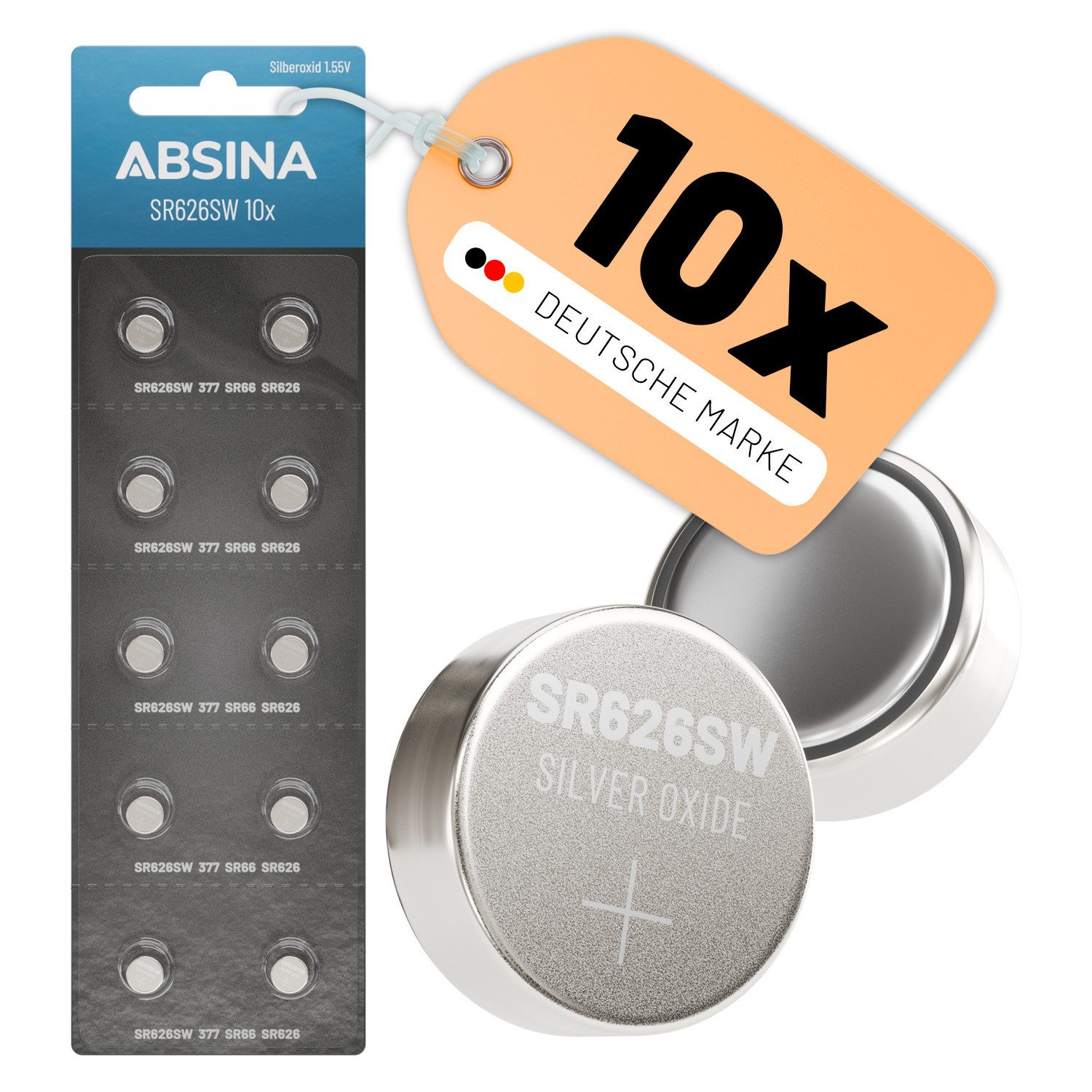 ABSINA SR626SW Uhrenbatterie 1,55V Silberoxid 10er Pack - Knopfzellen AG4 Knopfzelle, (1,55 V, 10 St)