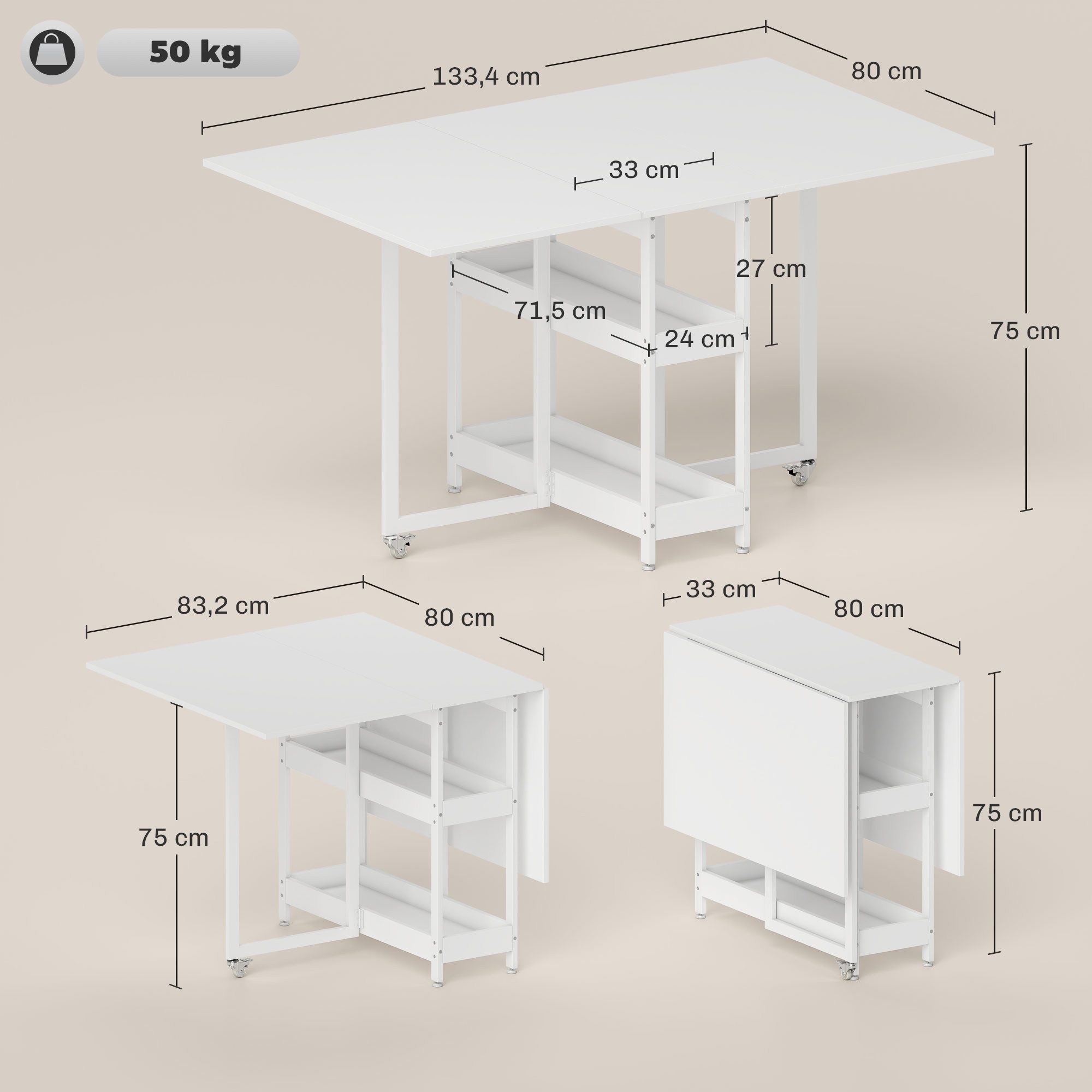 HOMCOM Klapptisch Esstisch Klappbar für 2-4 Personen mit 2 Offenen Ablagen (Küchentisch, 1-St., Mobiler Esszimmertisch), für Kleine Räume, Esszimmer, Küche 133,4 x 80 x 74 cm Weiß