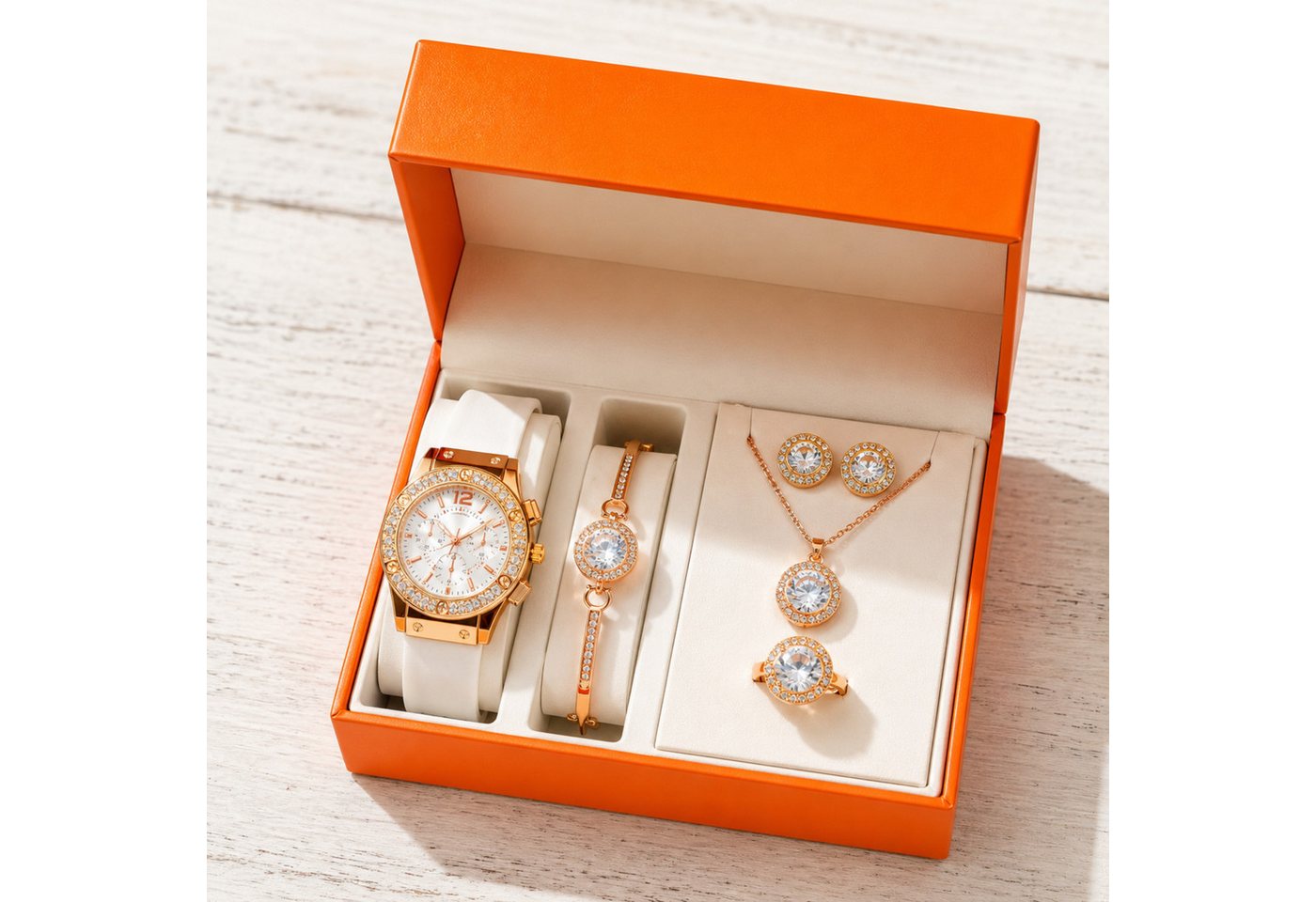 Luckice Quarzuhr Geschenk Damen Armbanduhr Armband Halskette Ring Ohrring Schmuck Set, (Elegant Analog Quarz Uhr mit Digital Zifferblatt .Frauen Mädchen Strass Quarzuhr für Weihnachten Bracelet Jewelry Set.Damengeschenke, Weihnachten, Valentinstag, Hochze