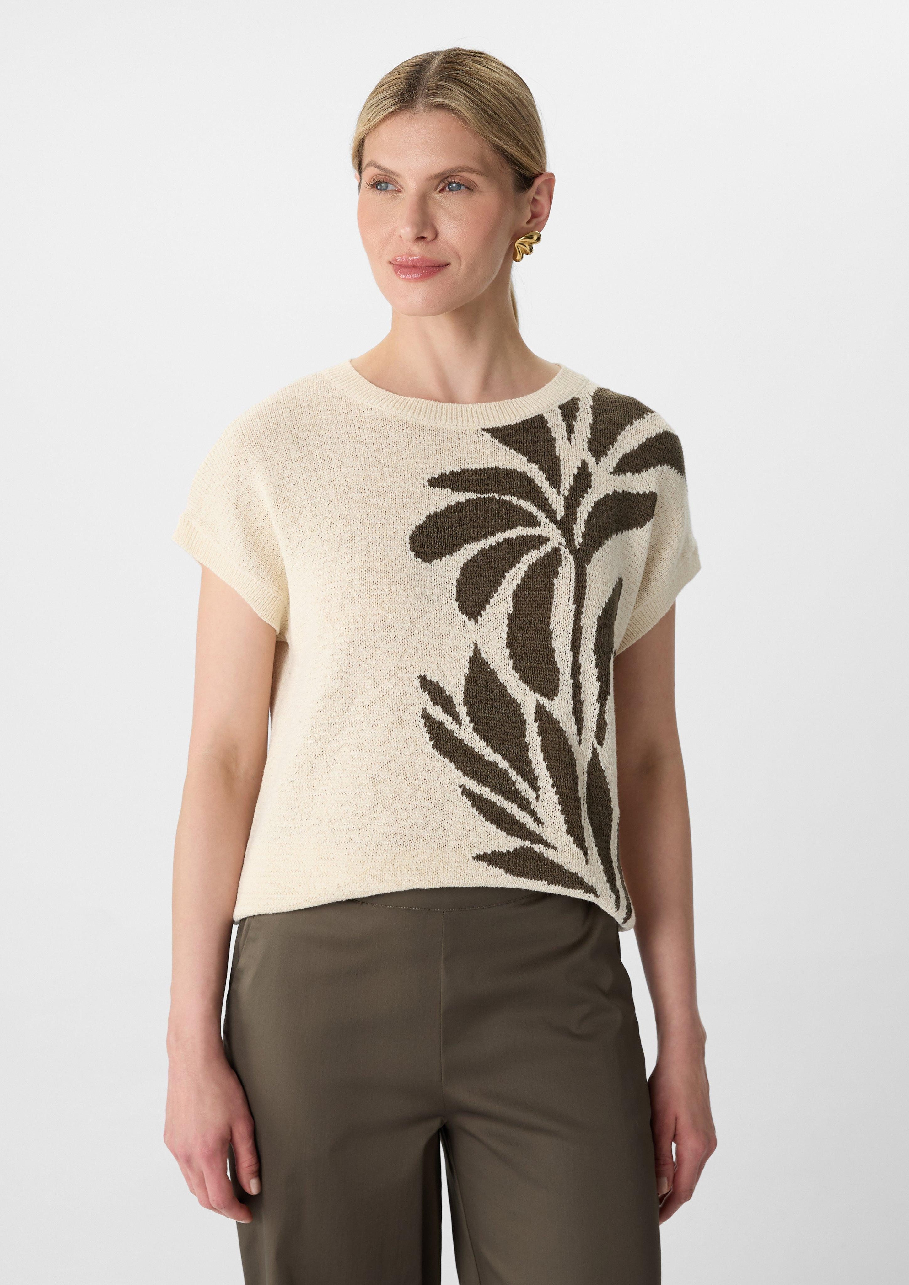 Kurzarmshirt Kurzarm-Strickpullover mit floraler Intarsie