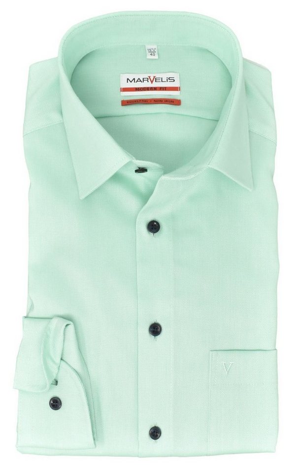 Einfarbig Businesshemd - Fit Hellgrün Langarm Einfarbig MARVELIS - Marvelis Baumwolle Langarm-Hemd Hellgrün, bügelfrei Modern 100% Kentkragen Businesshemd - -