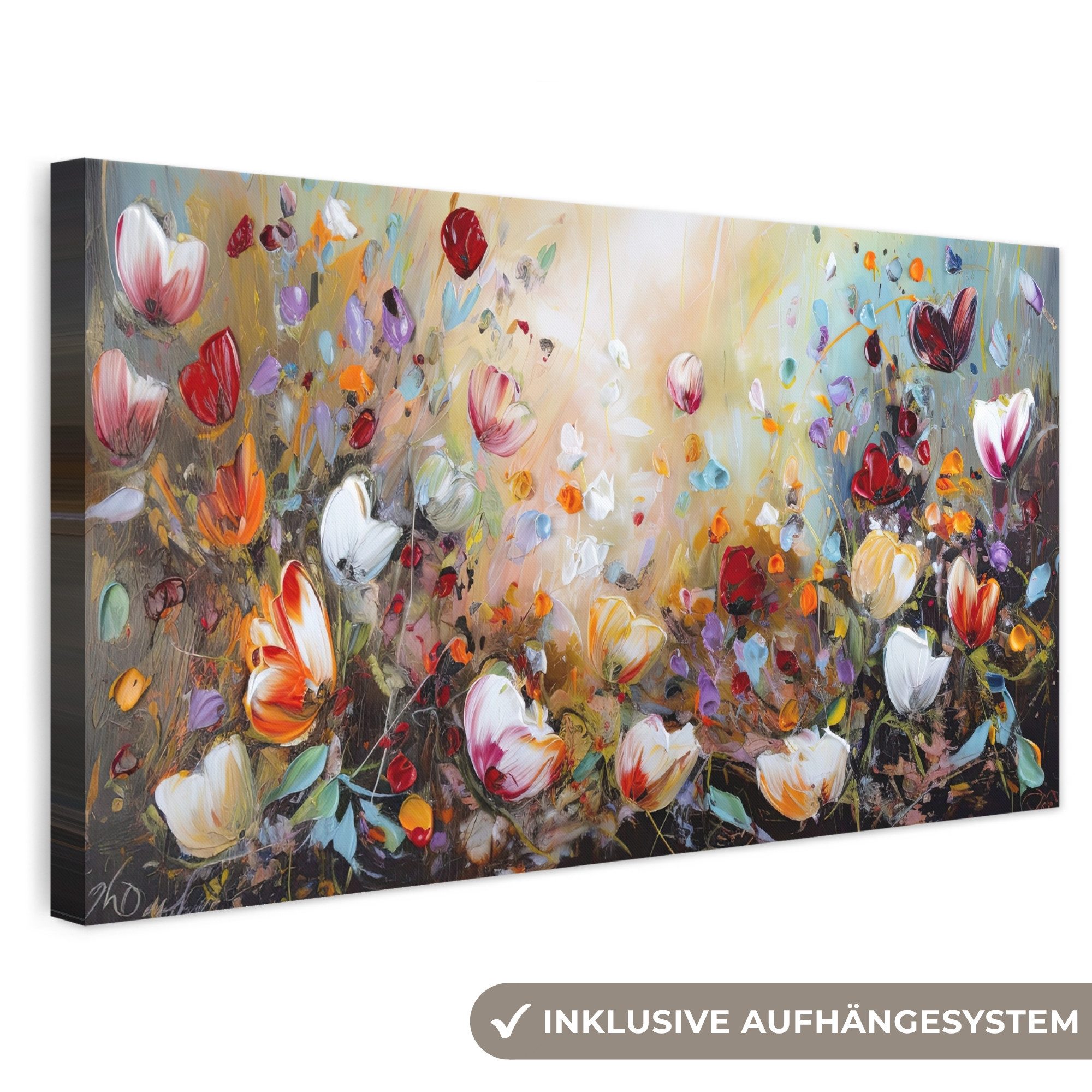OneMillionCanvasses® Leinwandbild Panorama Ölfarben - Blumen - Farbenfroh - Natur, Fotodruck (1 St), Wandbild, Deko Schlafzimmer Wohnzimmer Flur 40x20 cm