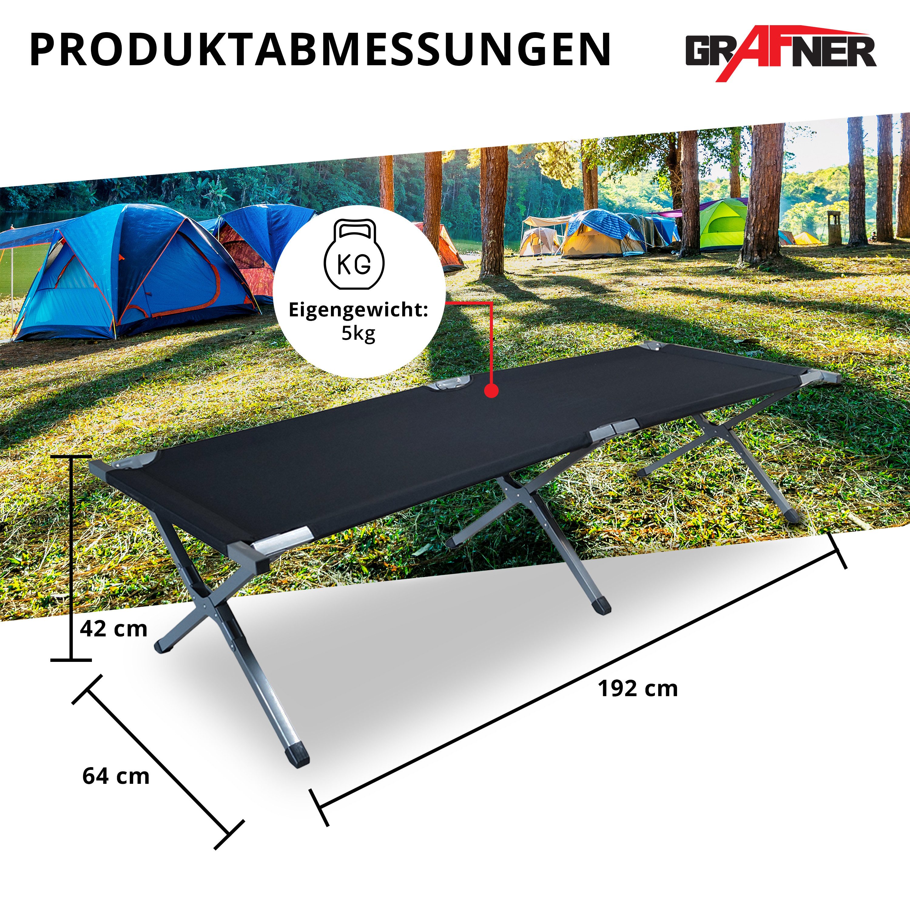 Grafner Feldbett Feldbett klappbar Campingbett klappbar Tragetasche 190cm schwarz inkl. Transporttasche