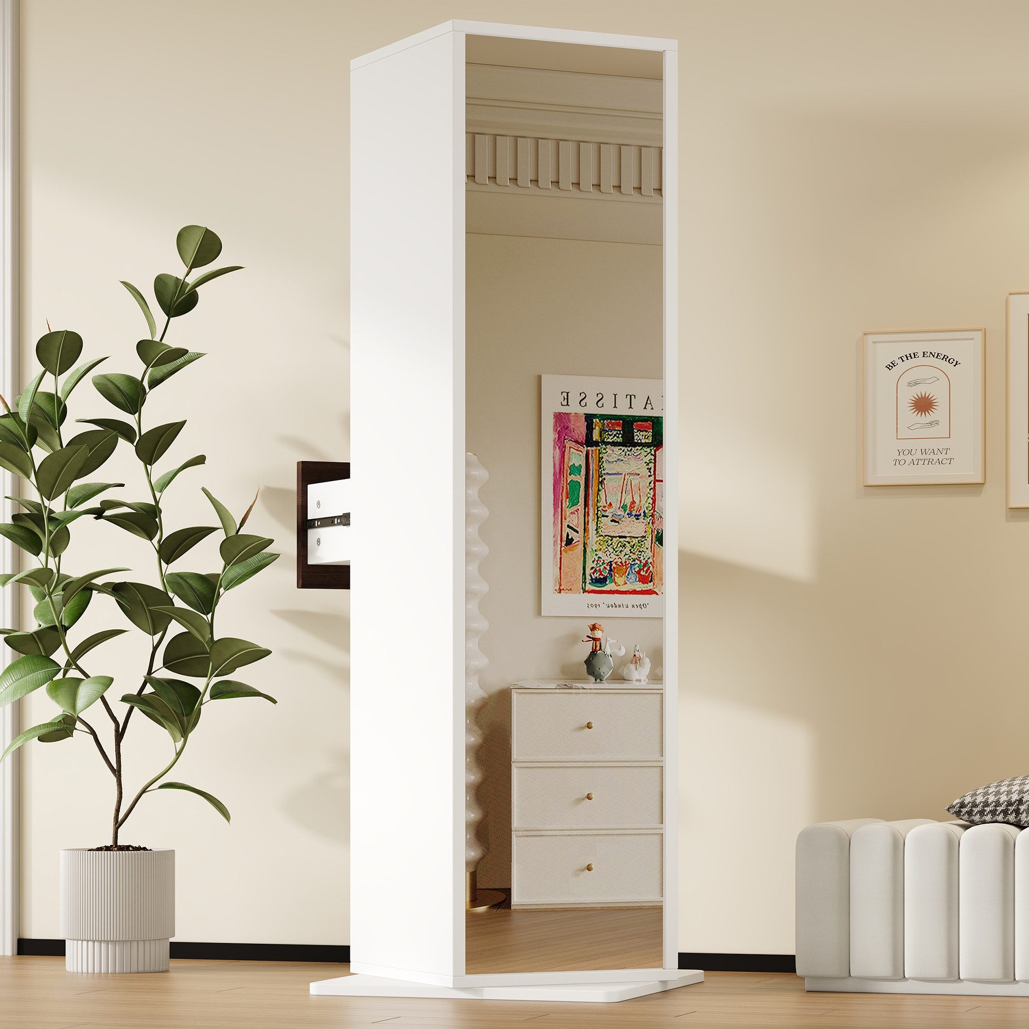 Flieks Hochschrank 360° drehbar Bücherregal Spiegelschrank, offene Fächern, Schublade (45×45×168 cm, Eckschrank Wohnzimmerschrank mit Ganzkörperspiegel, 1-St., Weiß & Walnussholzfarbe) multifunktional Standspiegel Mehrzweckschrank Standvitrine, 4 Ebenen