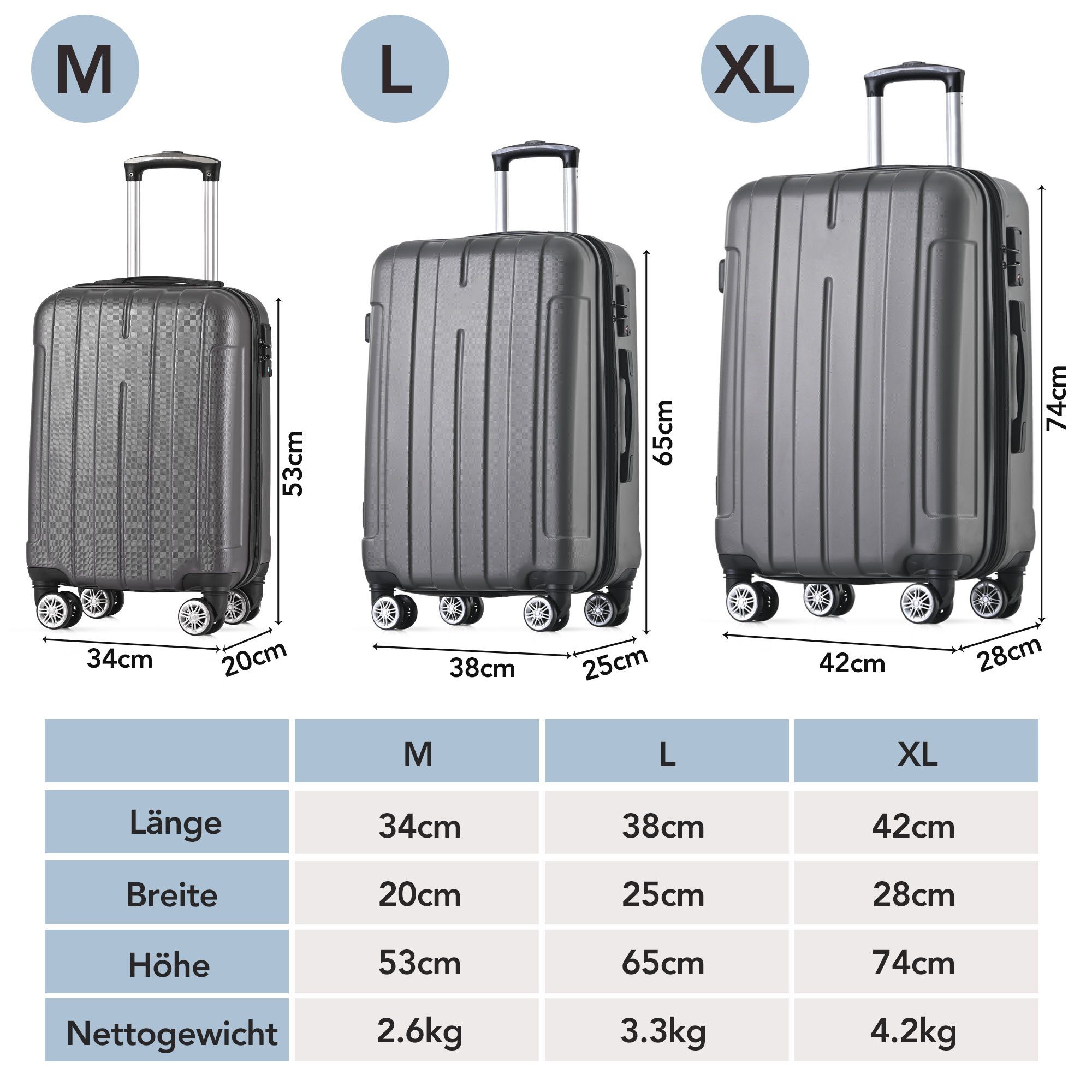 Hartschalen-Trolley Hartschalen-Handgepäck, 4 Rollen, Koffer mit TSA-Schloss und Universalrad, Erweiterbar Seitengriff