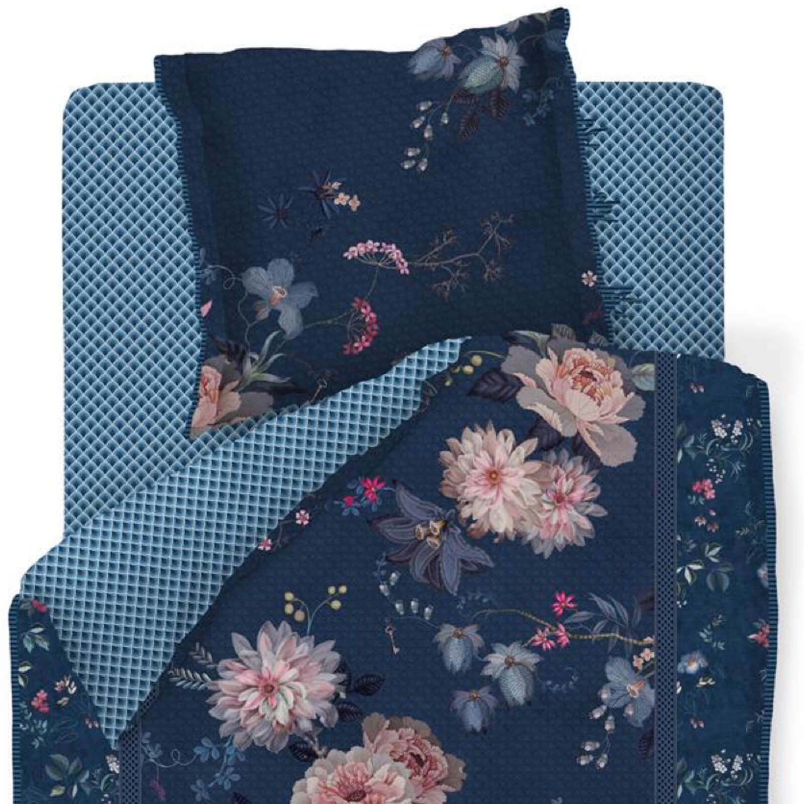 PiP Studio Bettwäsche Zusatzkissenbezug Tokyo Bouquet Dark Blue, Perkal, 1 teilig, Lilien, Dahlien, Punkte