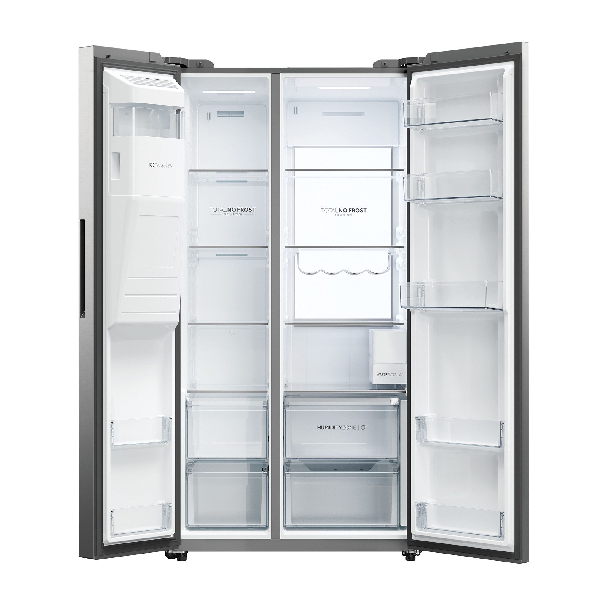 Haier Side-by-Side Front aus Edelstahl HSW79F18CIMM, 177,5 cm hoch, 90,5 cm breit, WIFI connected, Total No Frost, Wasser- und Eiswürfeldispenser